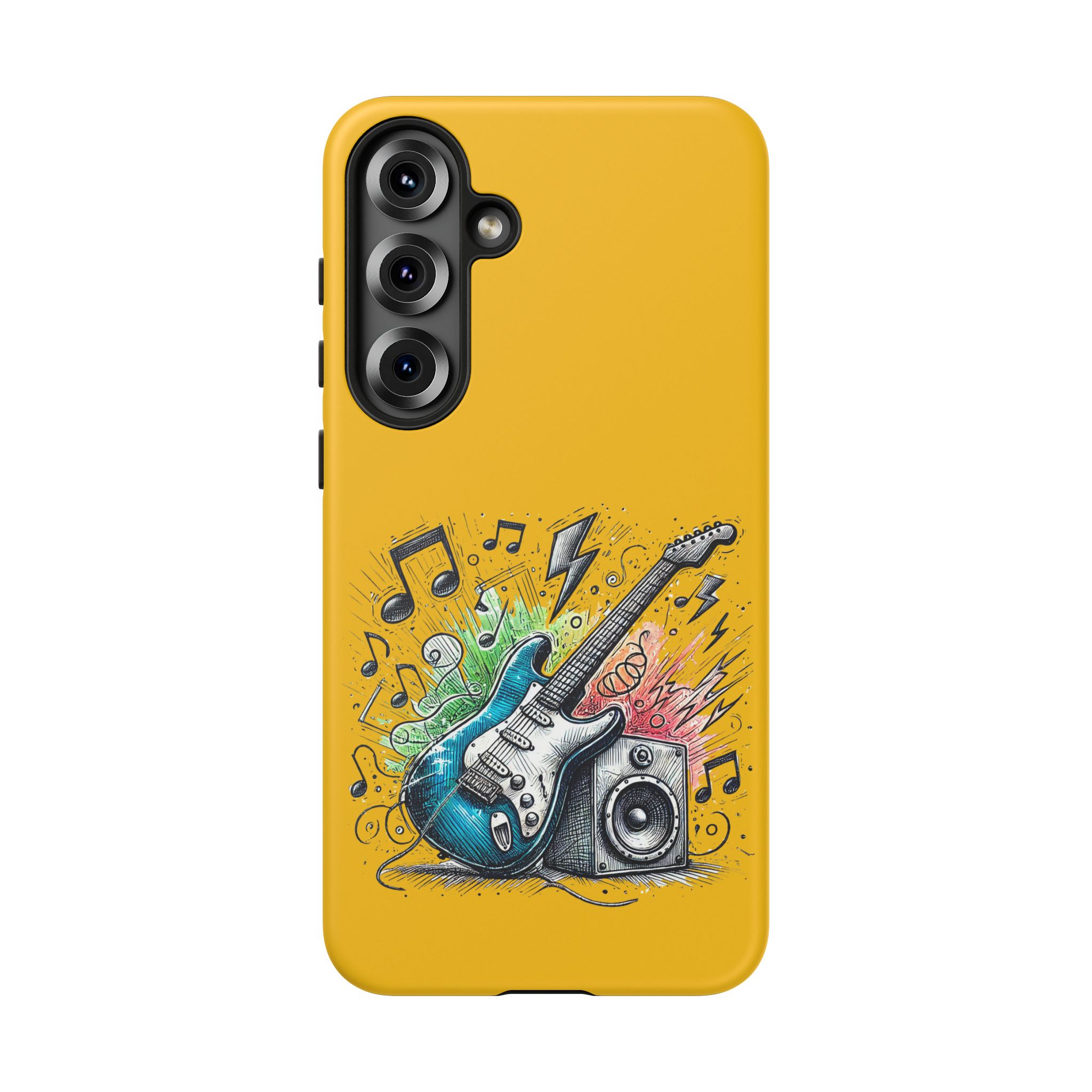 Yellow phone case featuring a graphic of an electric guitar and speaker with music notes.