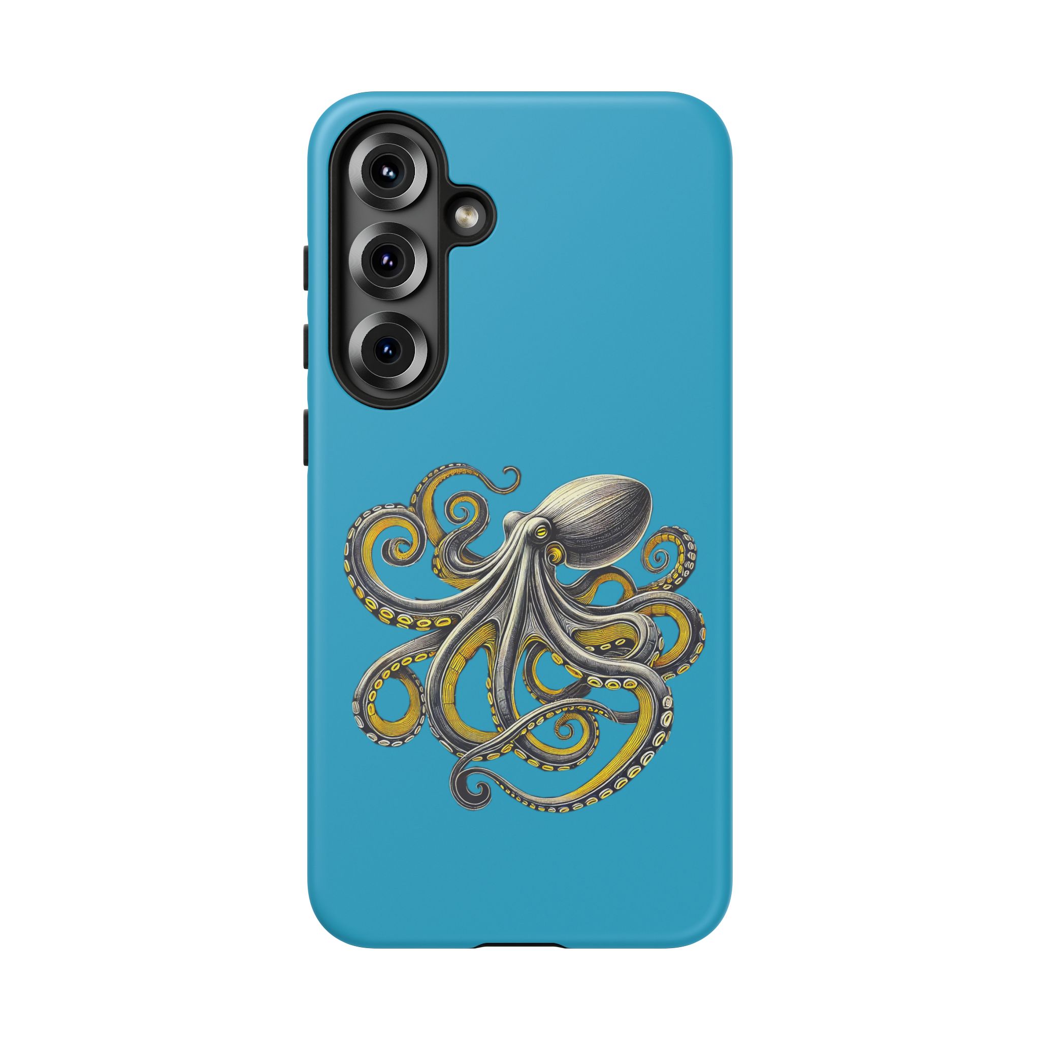 Phone case featuring an illustrated octopus design on a blue background.