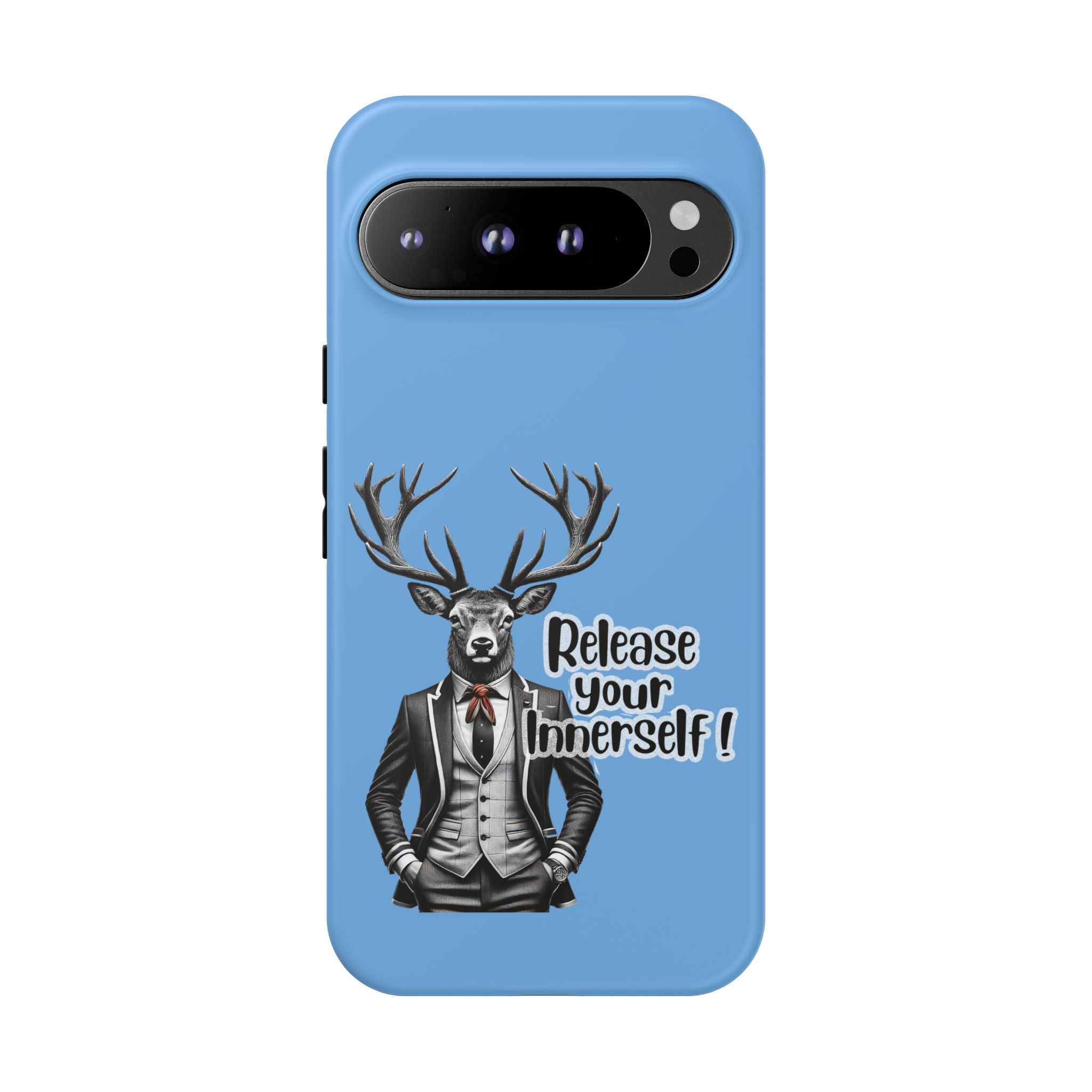 Phone case featuring a deer in a suit with the text 'Release your InnerSelf!' on a blue background.