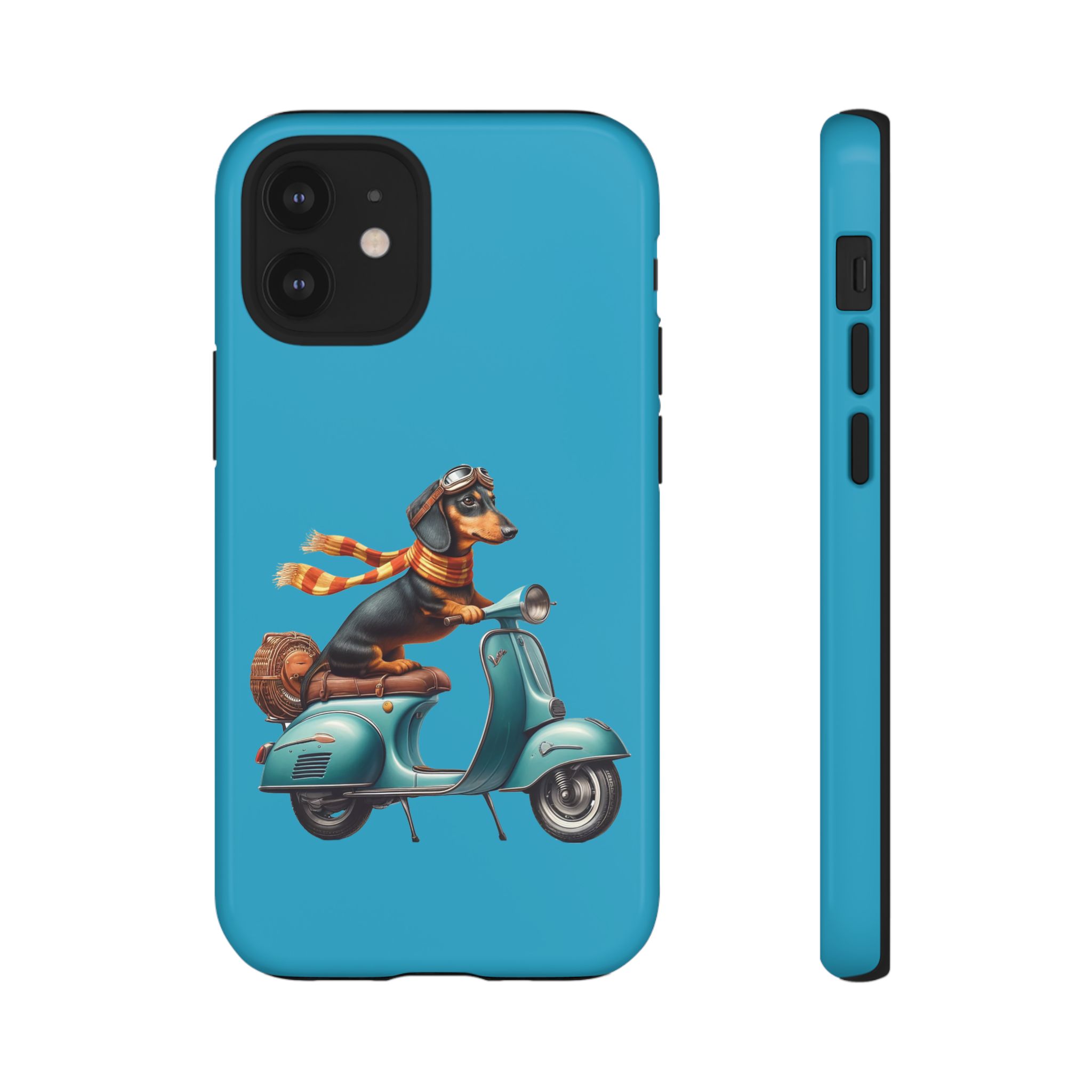 Dachshund wearing goggles and a scarf riding a vintage scooter in blue color.