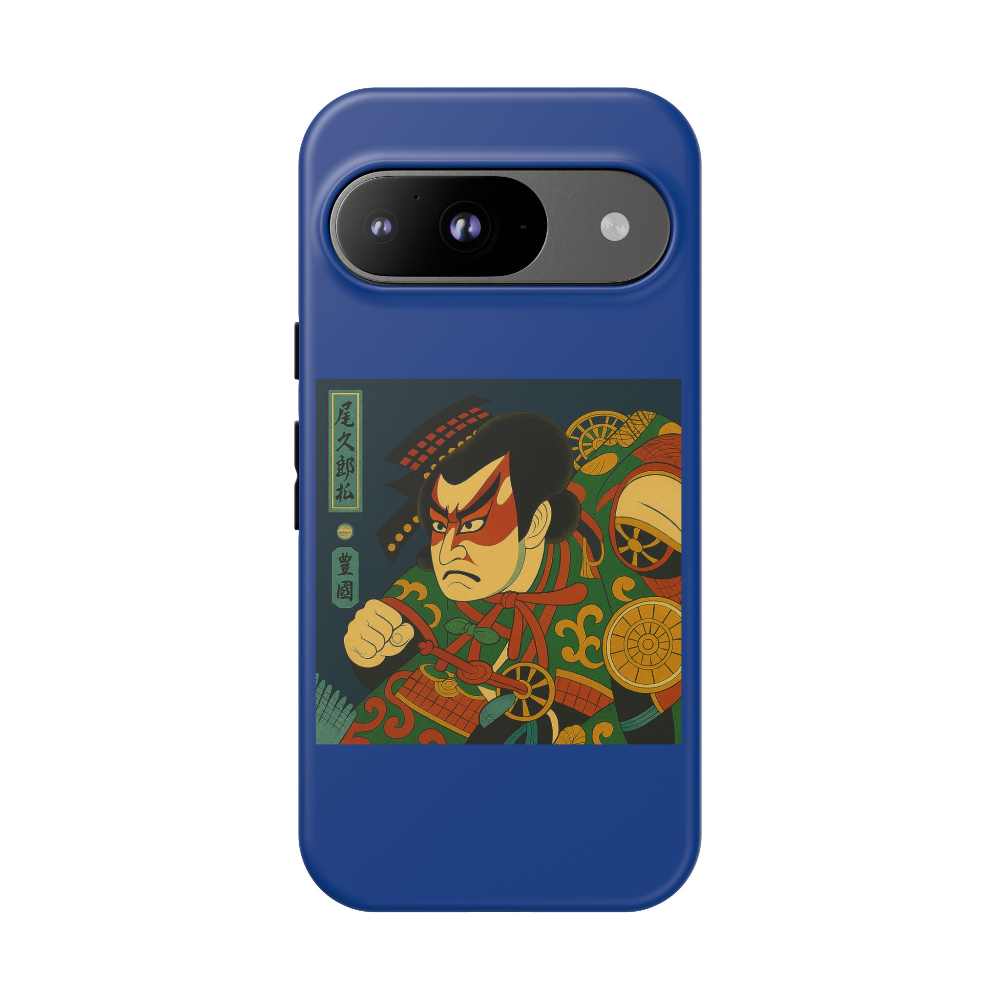 Blue phone case featuring a traditional Japanese art design with a character in a red mask and colorful attire.