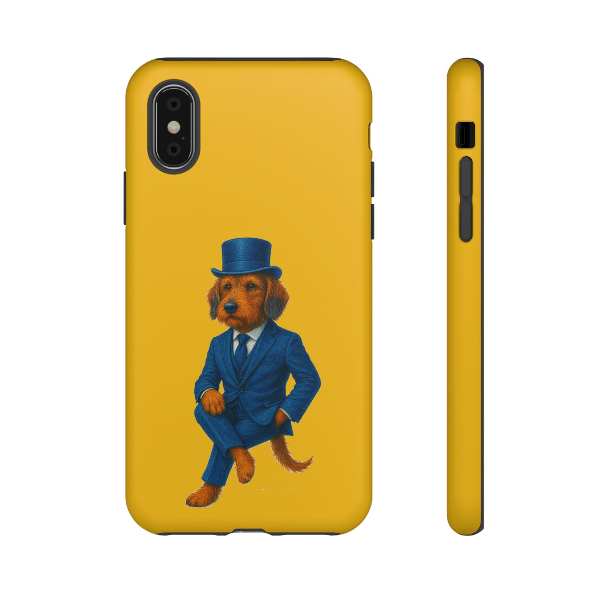 Phone case featuring a dog wearing a blue suit and a top hat against a yellow background.