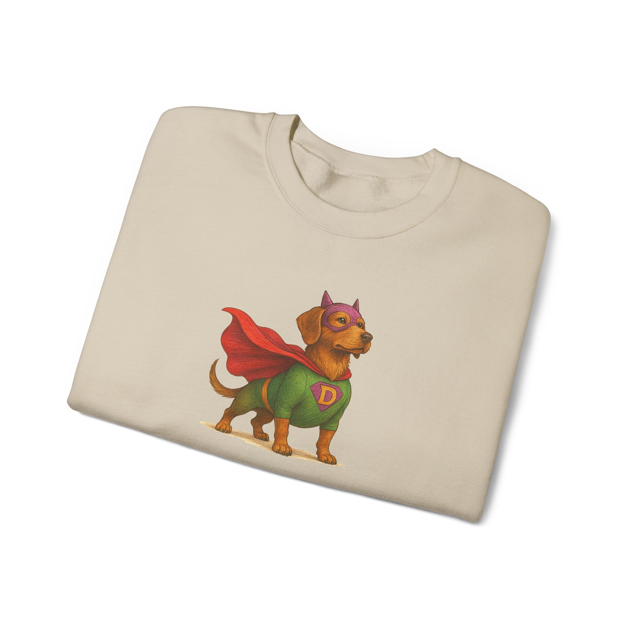 Beige sweatshirt featuring a cartoon dog dressed as a superhero with a green costume and red cape.