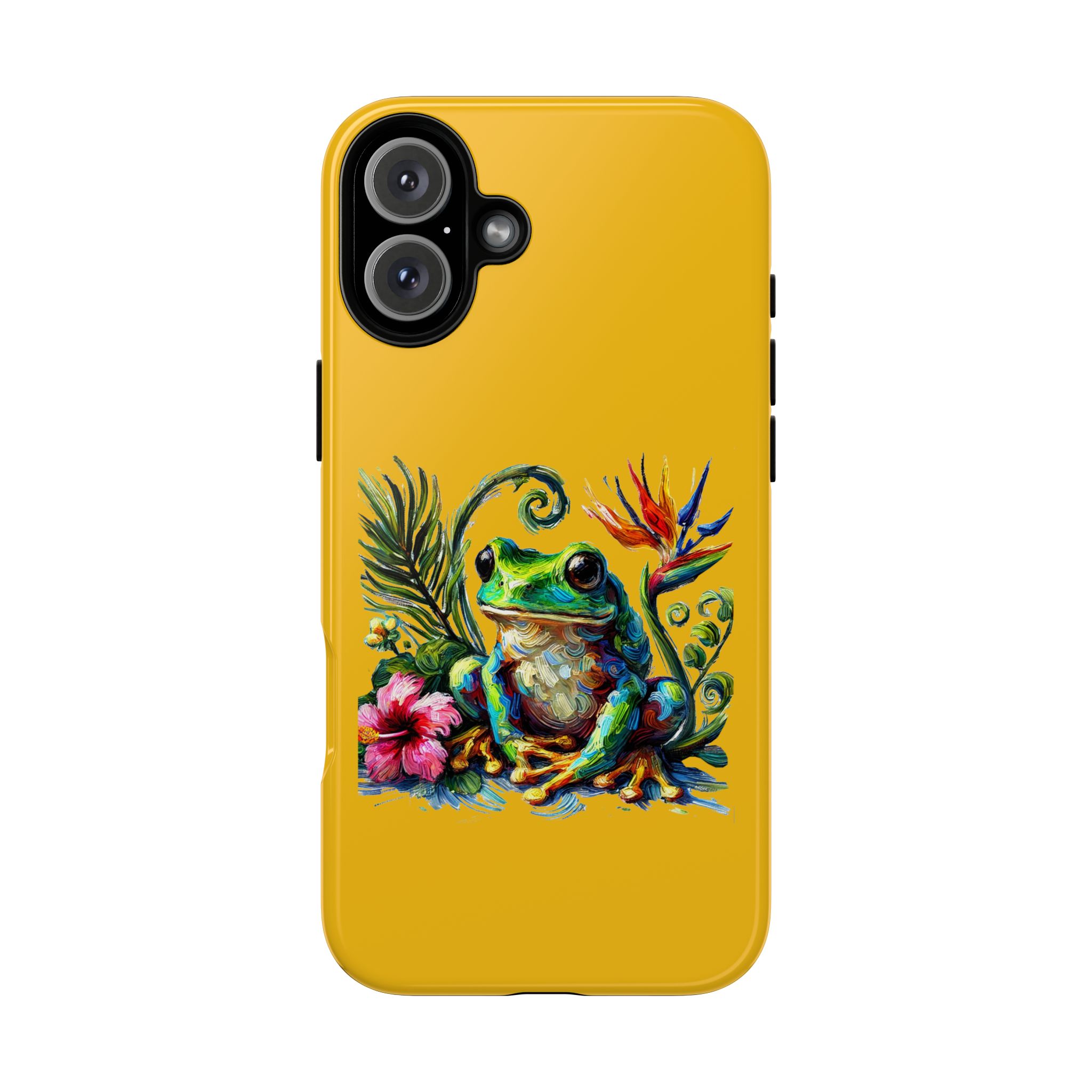 Vibrant phone case featuring a colorful frog surrounded by tropical plants and flowers.