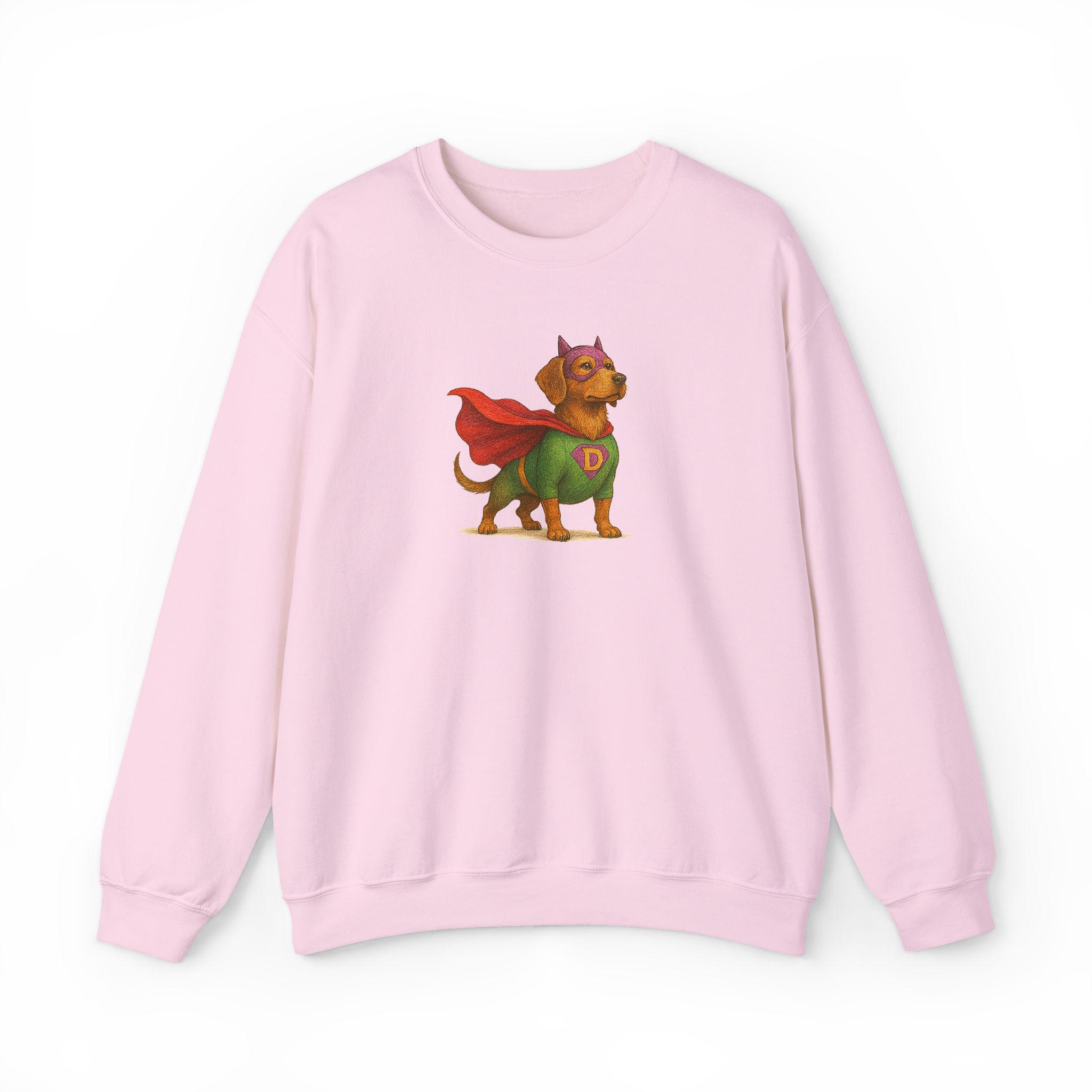 Pink sweatshirt featuring a cartoon dog dressed as a superhero with a cape and mask.