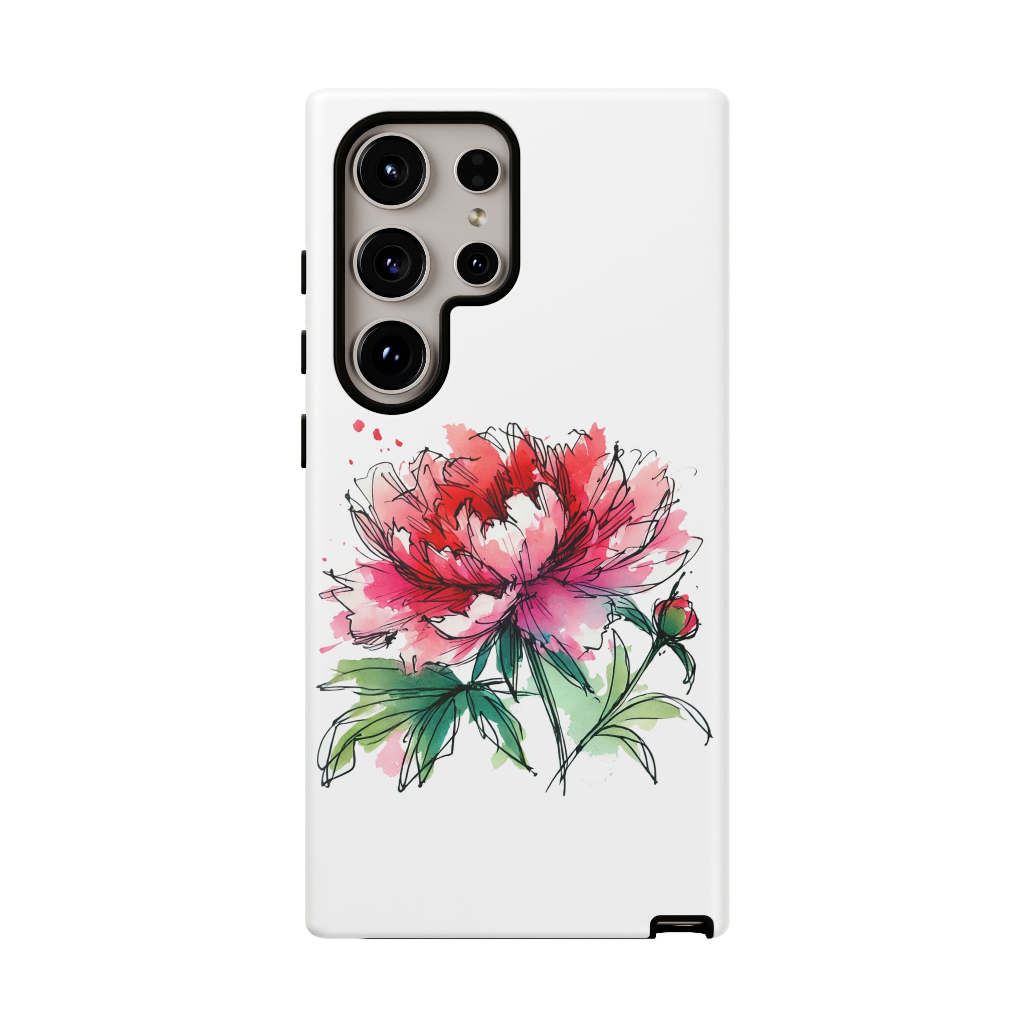 Illustration of a red and pink peony flower on a white phone case design.