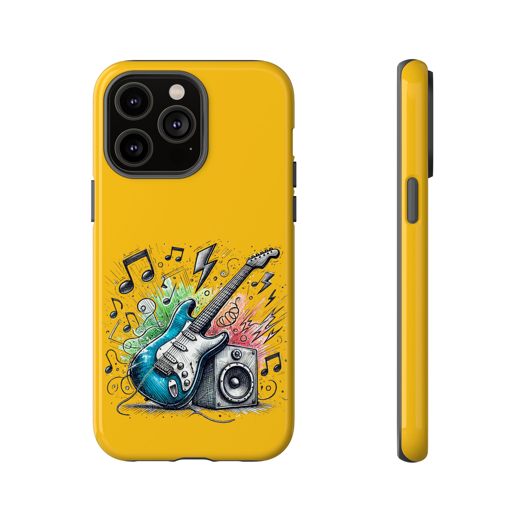 Yellow phone case featuring a graphic design of a guitar and speaker with musical notes.