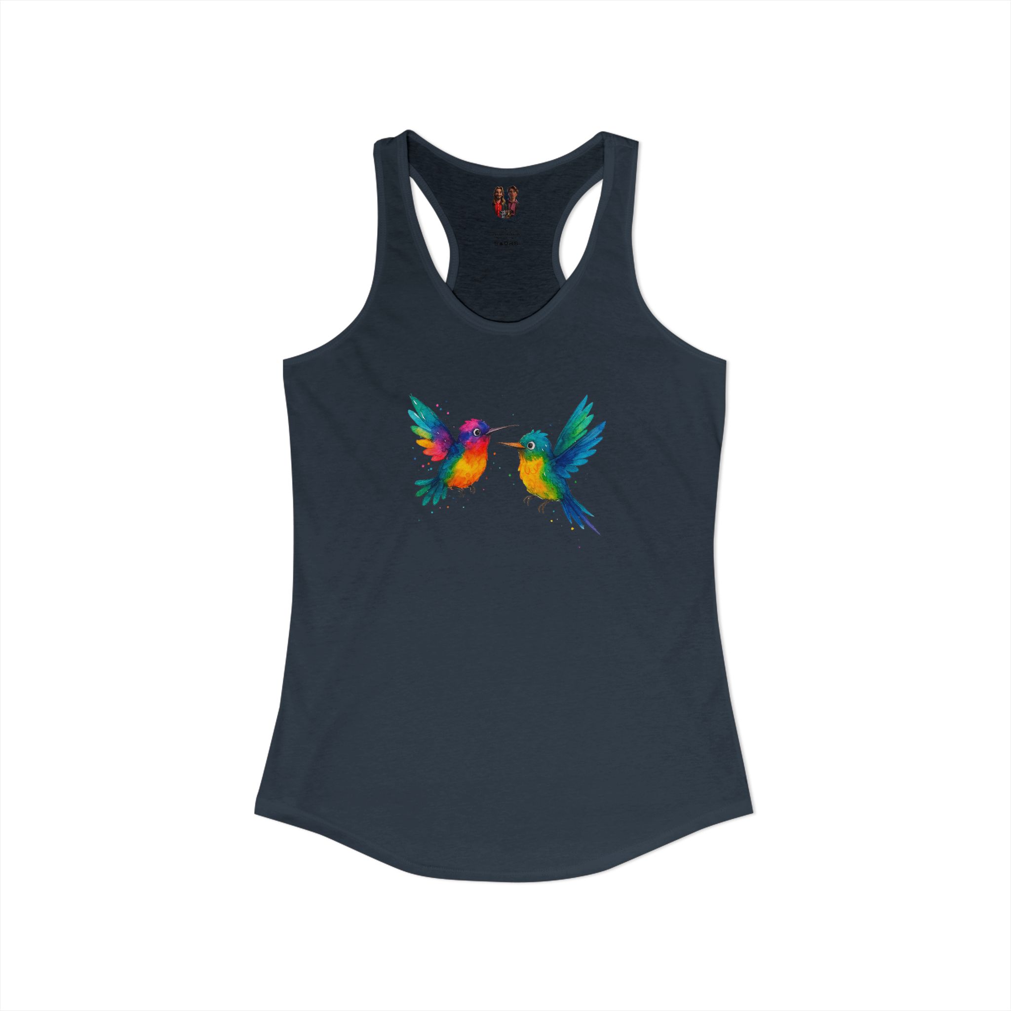 Tank top featuring a vibrant graphic of two colorful hummingbirds facing each other.
