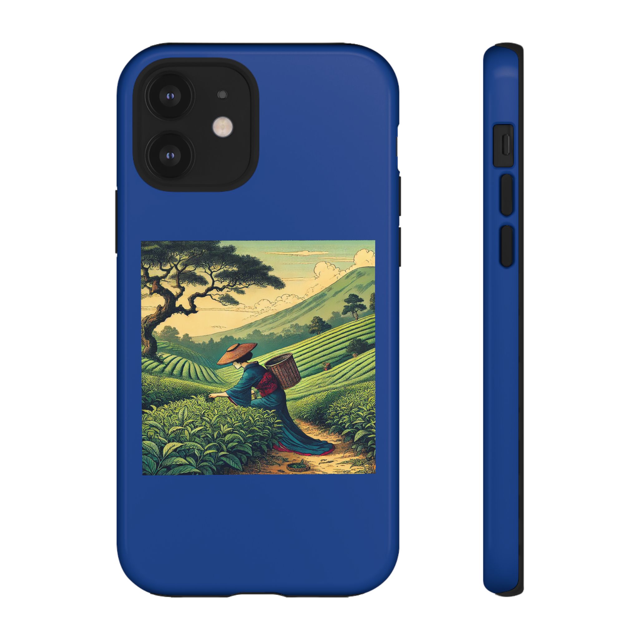 Blue phone case featuring artwork of a person working in a tea plantation with mountains in the background.