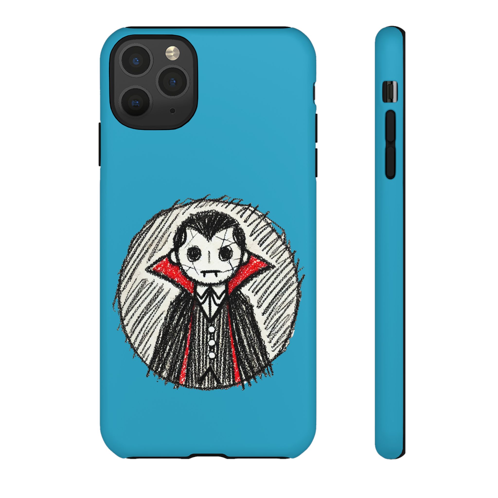Phone case design featuring a cartoon vampire character with a blue background.