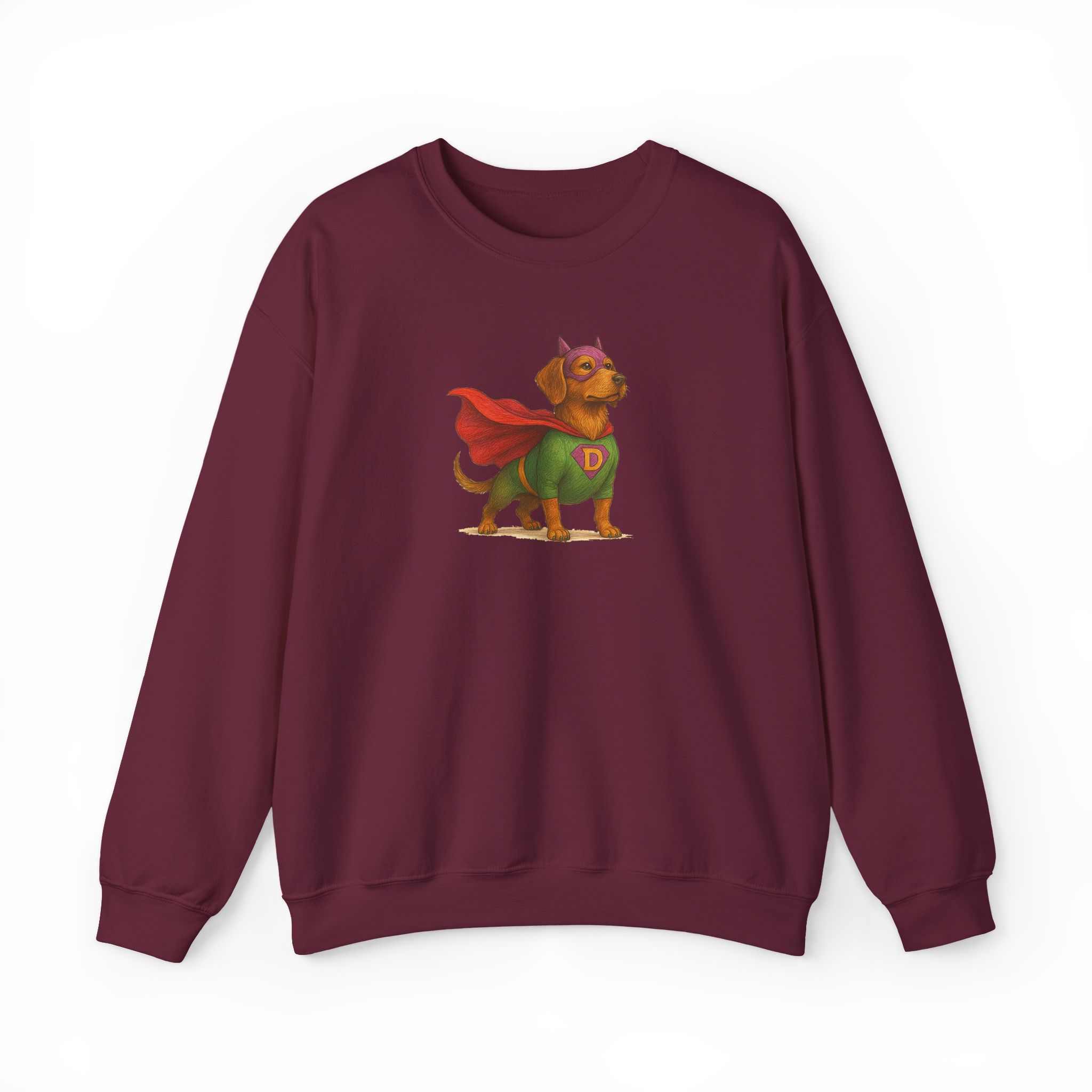 Sweatshirt featuring a dog dressed as a superhero with a green costume and red cape.