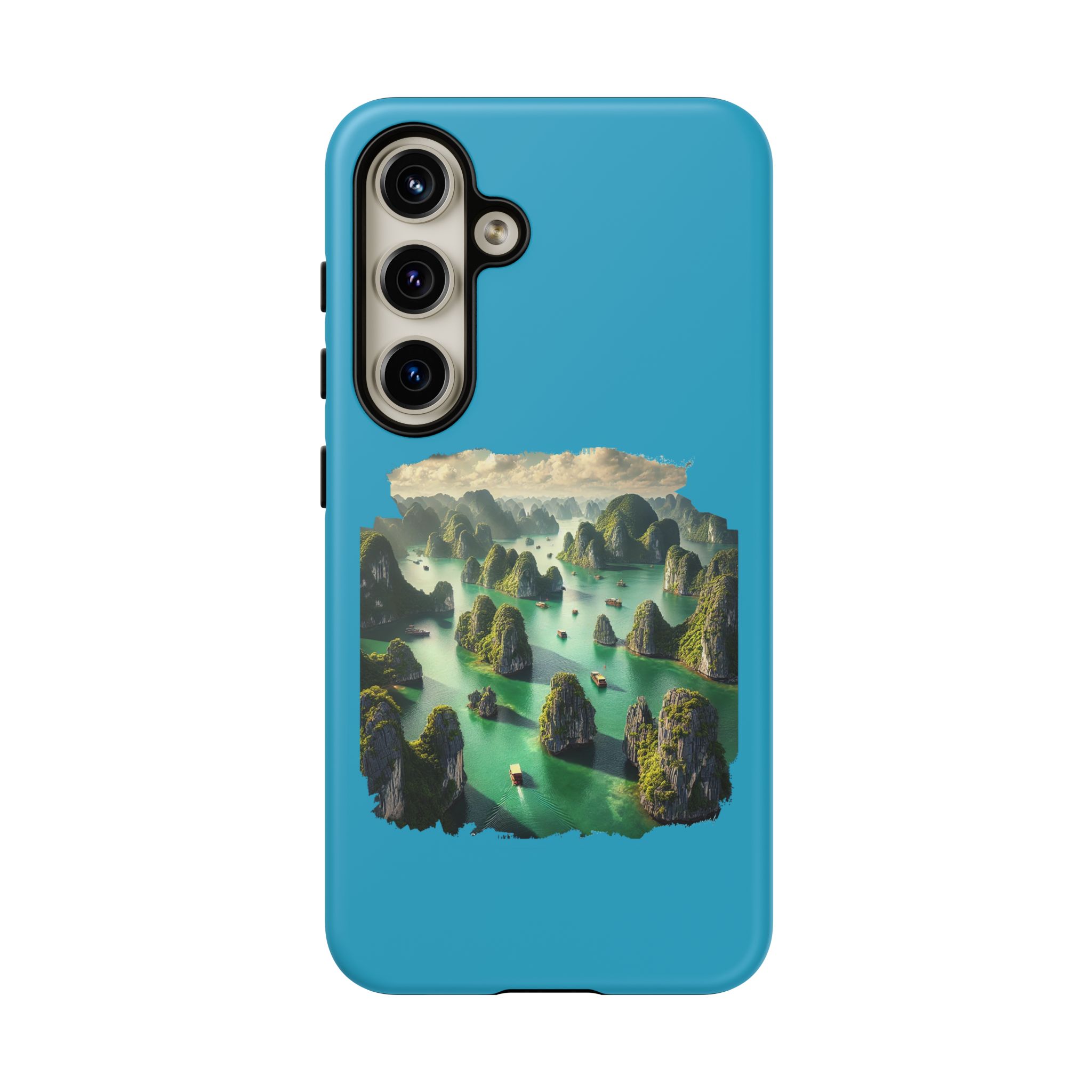 Phone case featuring a scenic landscape with mountains and water in a blue background.