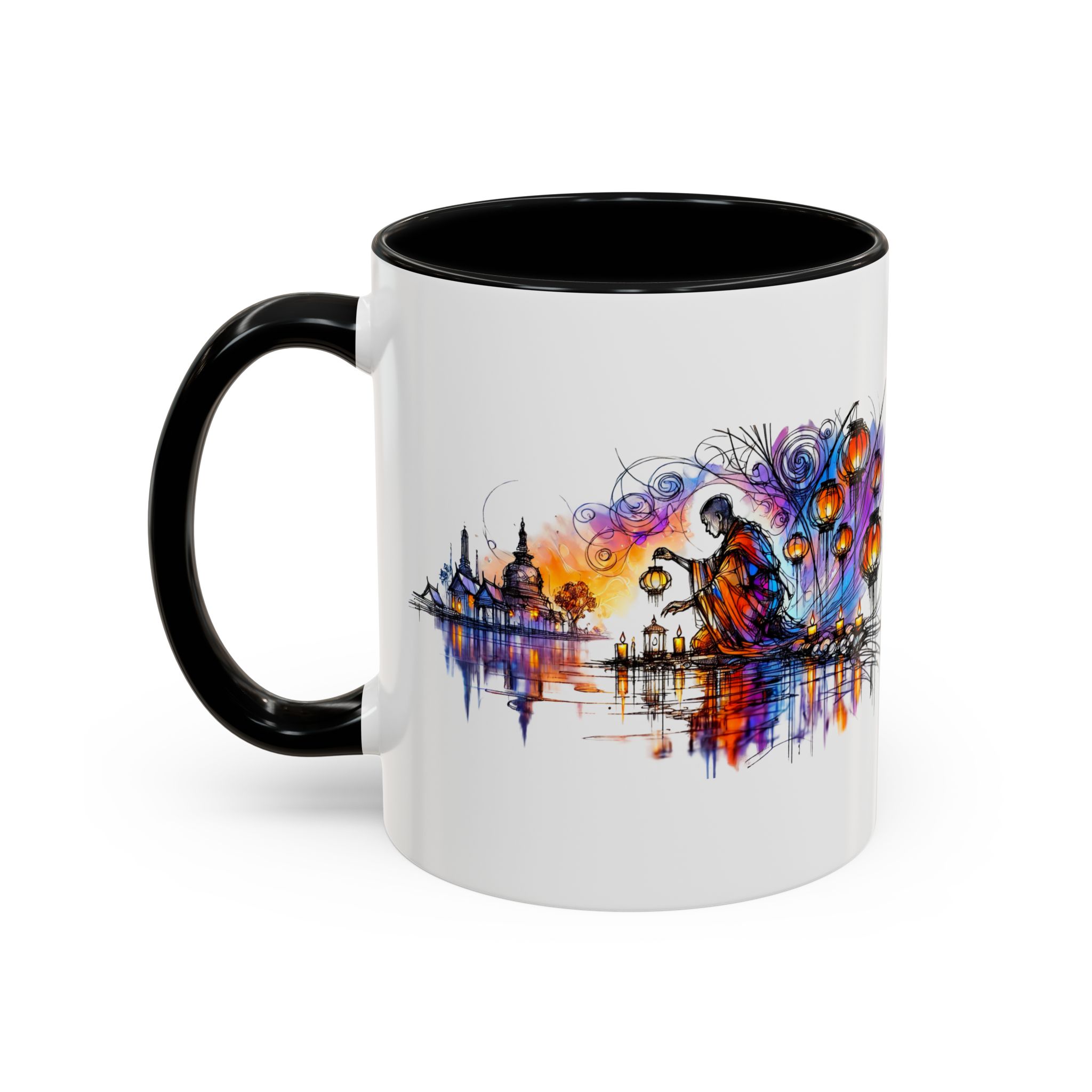 Ceramic mug featuring an artistic design with a figure and colorful elements against a white background.
