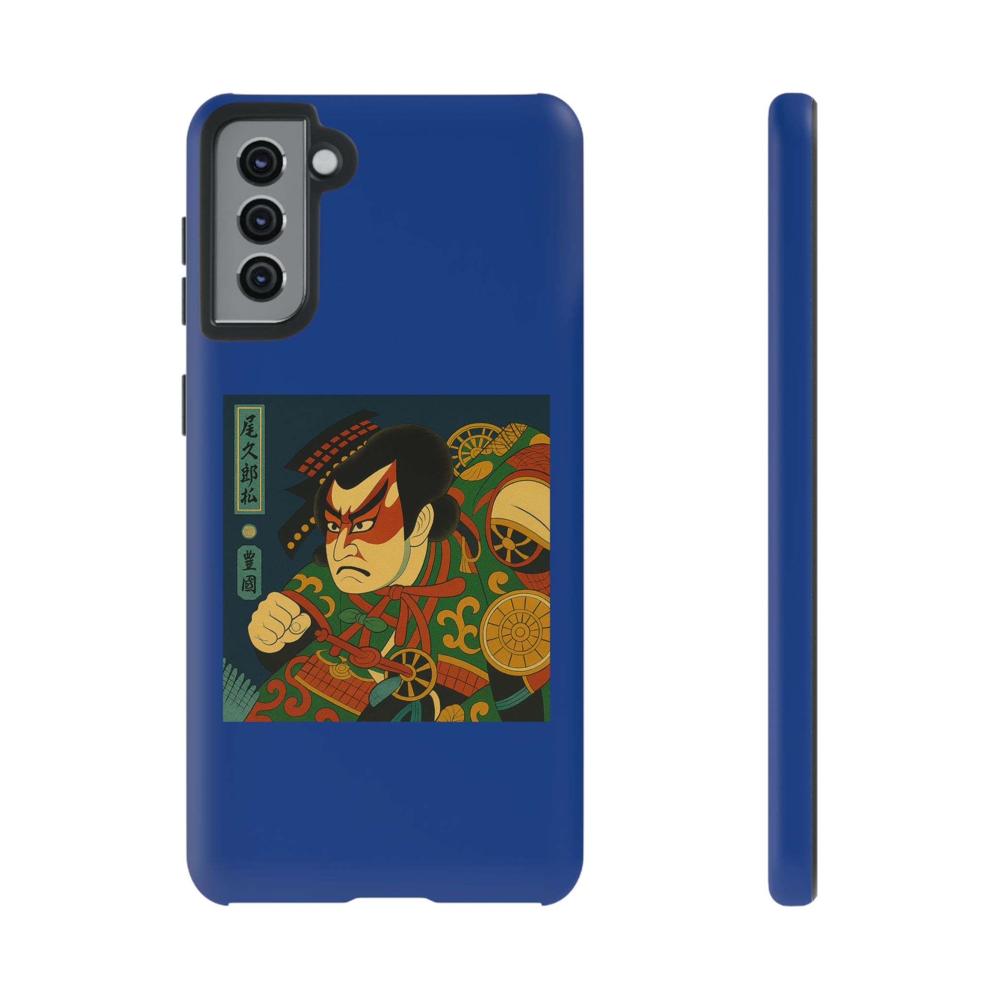 Blue phone case featuring a samurai illustration with bold colors and intricate patterns.