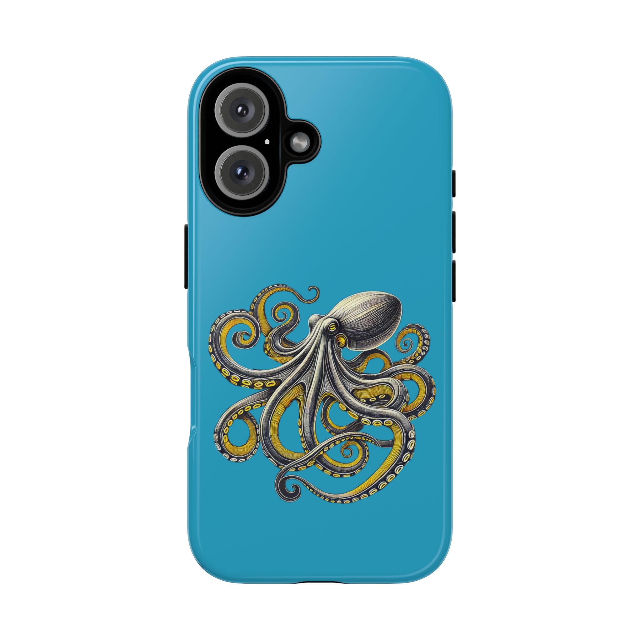 Illustration of an octopus on a blue phone case with intricate details and vibrant colors.