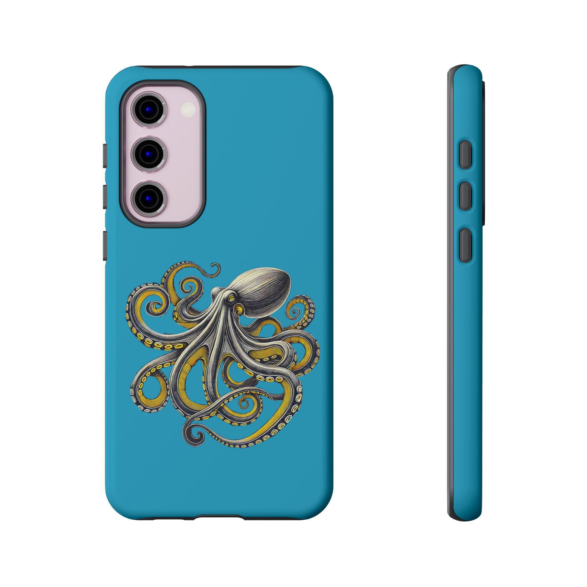 Phone case featuring an octopus illustration with vibrant colors on a blue background.