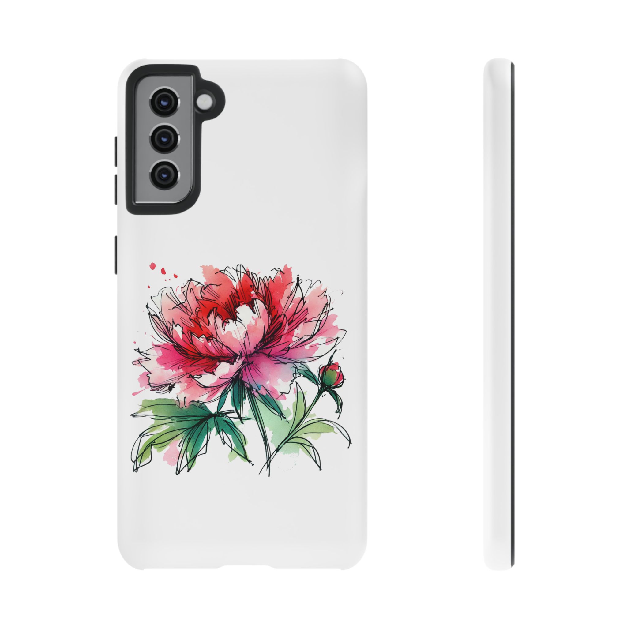 Phone case featuring a colorful peony flower illustration on a white background.