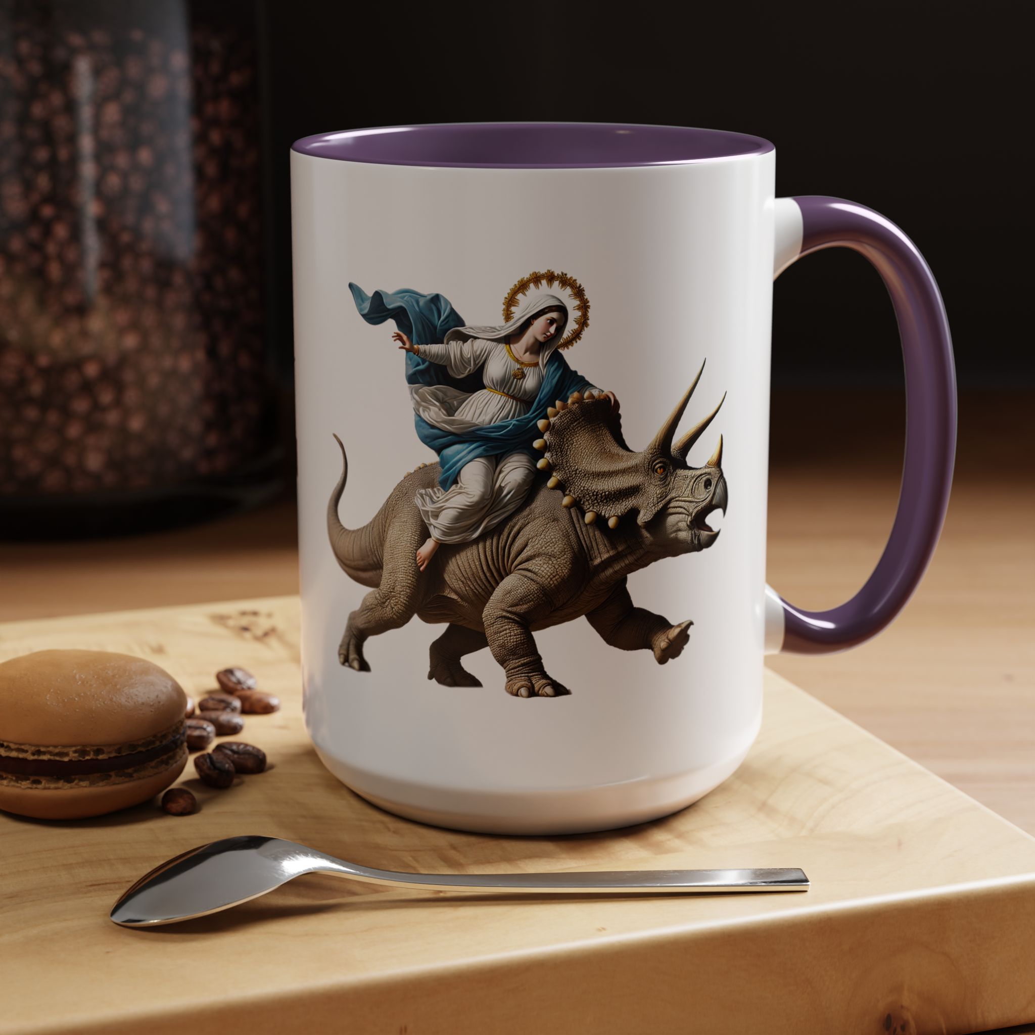 Sarcastic Coffee mug jurassic Virgin mary riding triceratops funny office mug boho gift tea cup cute accessory – Image 59