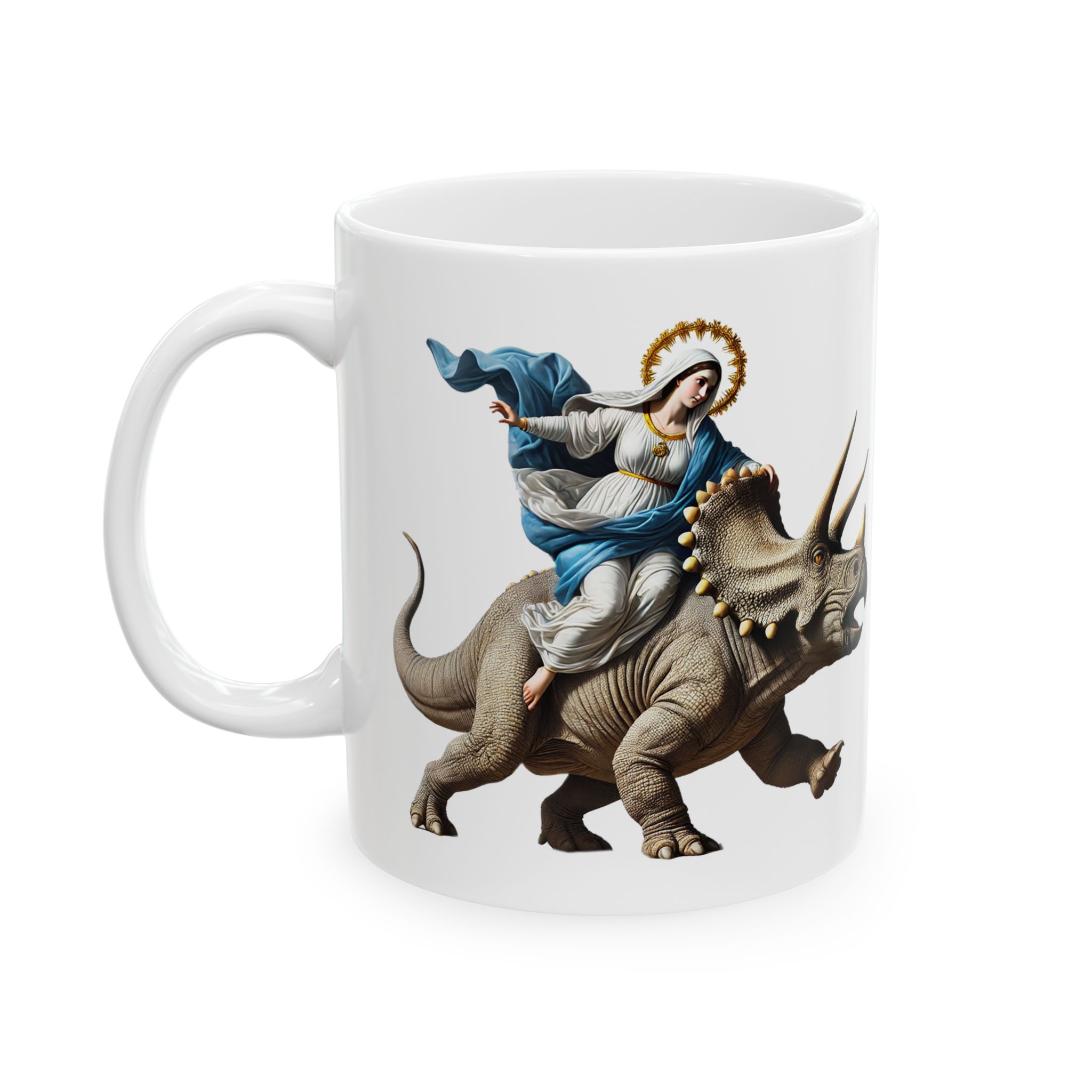 Sarcastic Coffee mug jurassic Virgin mary riding triceratops funny office mug boho gift tea cup cute accessory - Image 2