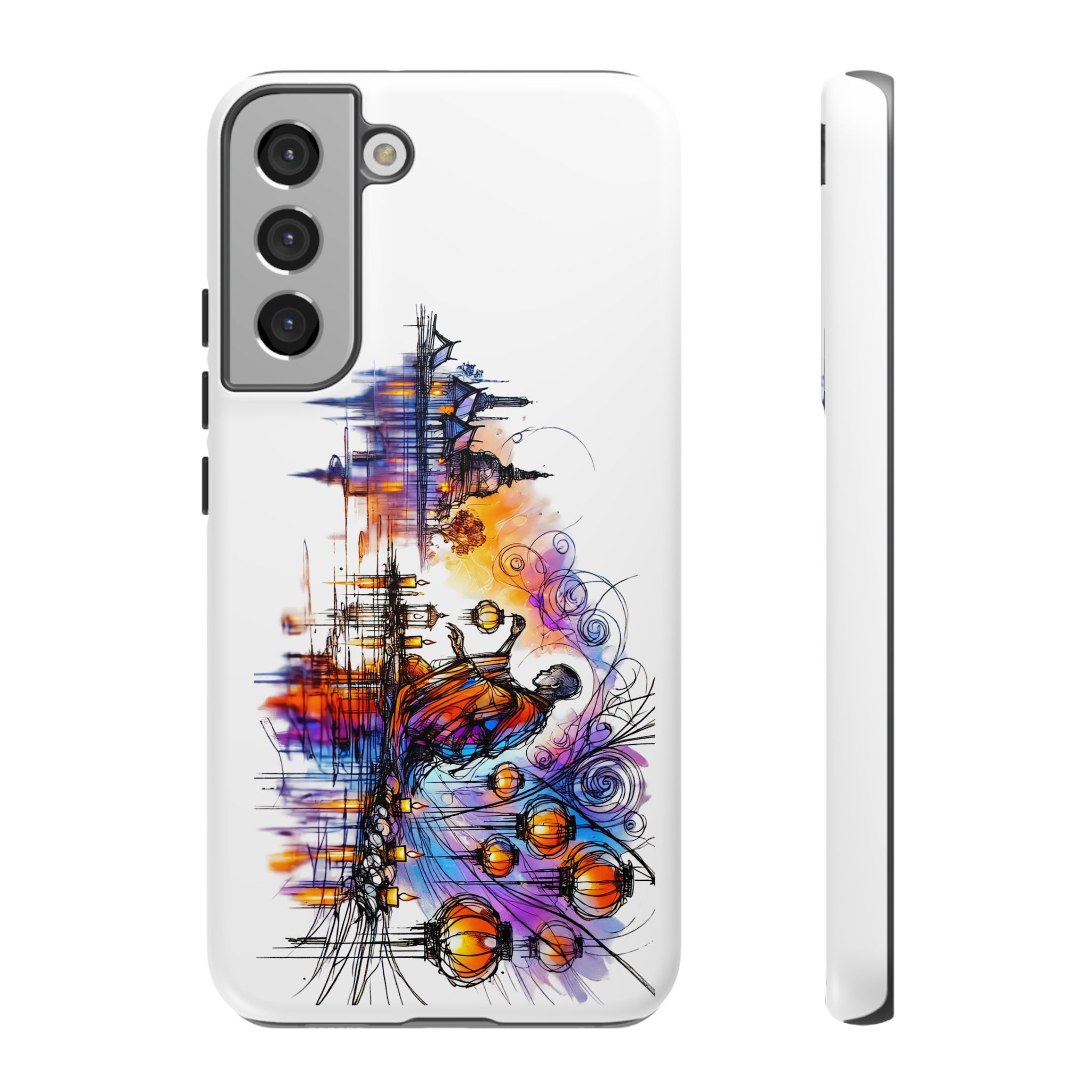 Colorful artistic design of a phone case featuring abstract figures and vibrant colors.