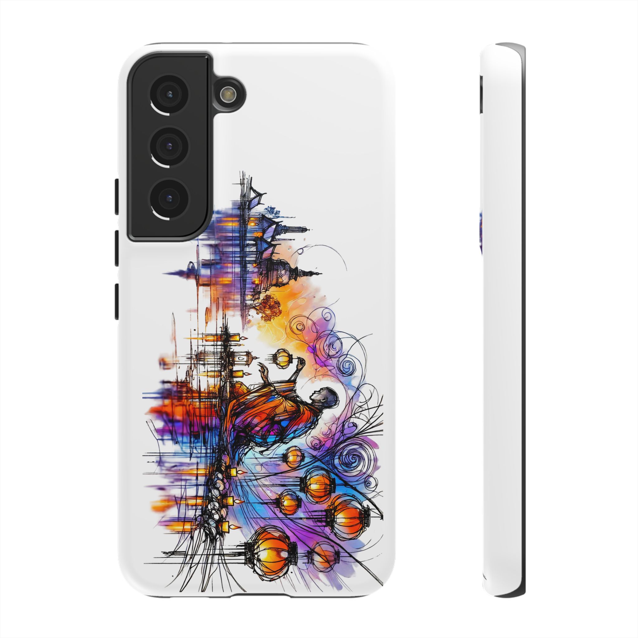 Artistic phone case design featuring a colorful illustration of a woman with abstract elements.