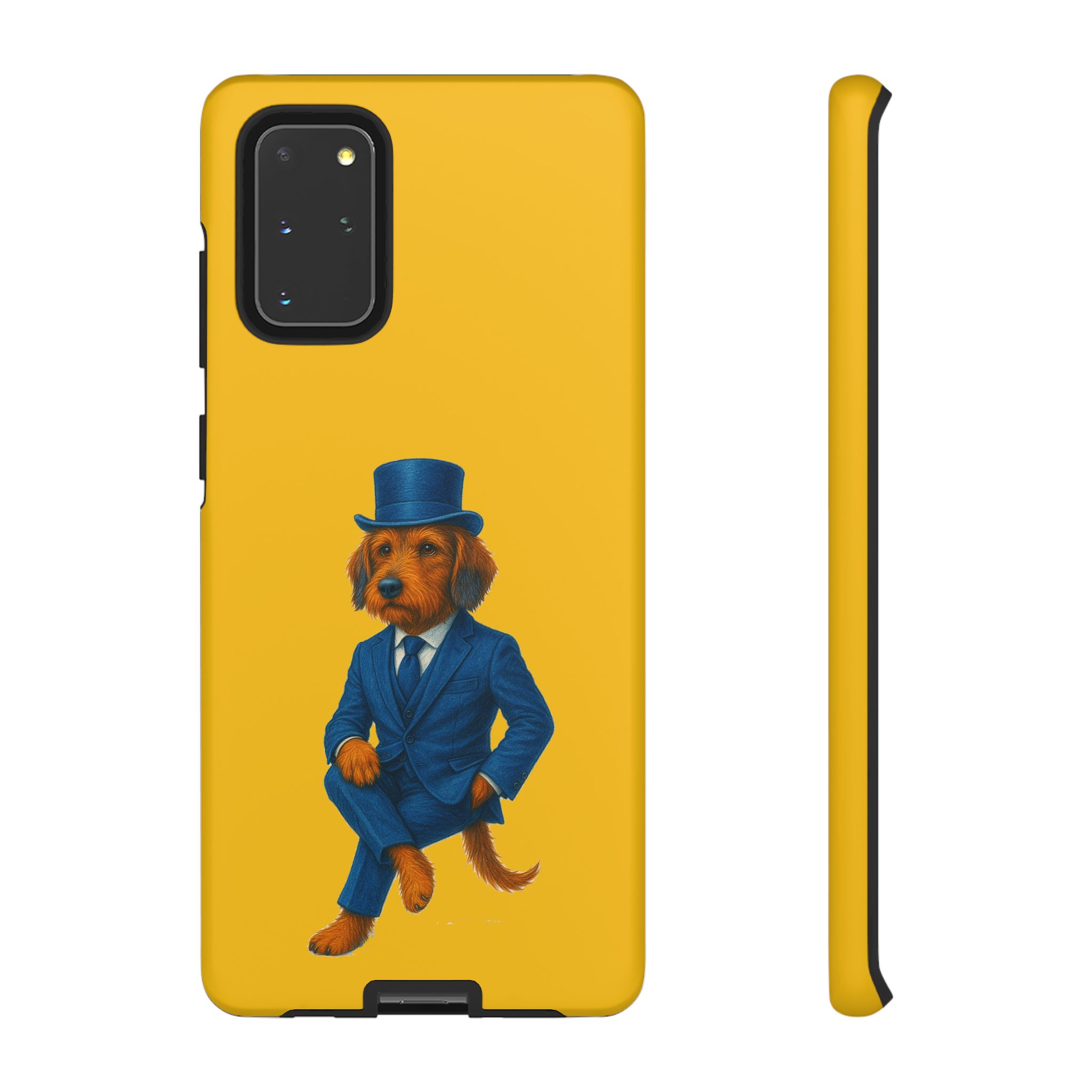 Phone case featuring a dog wearing a blue suit and top hat against a yellow background.