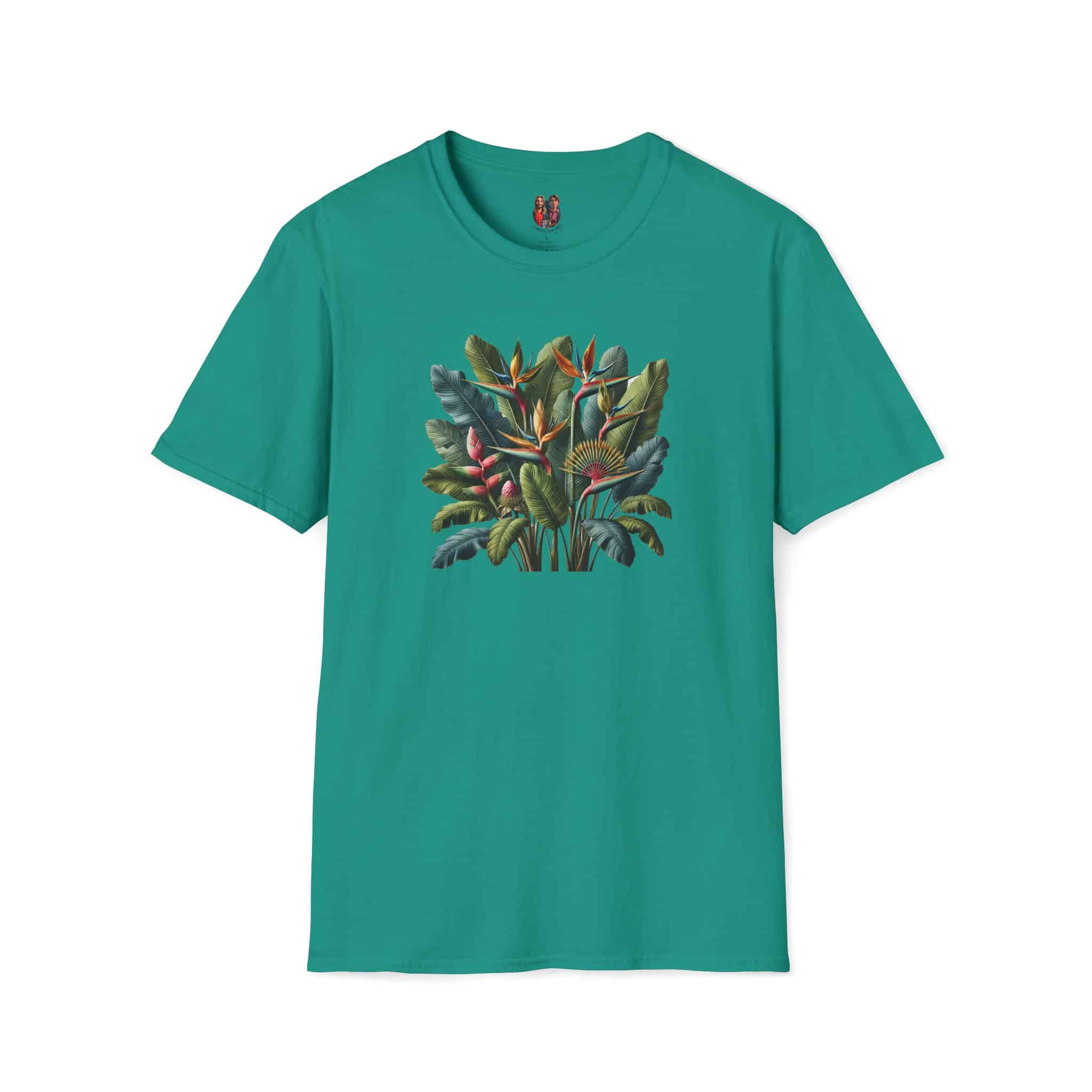 Teal t-shirt featuring a colorful tropical plant graphic on the front.