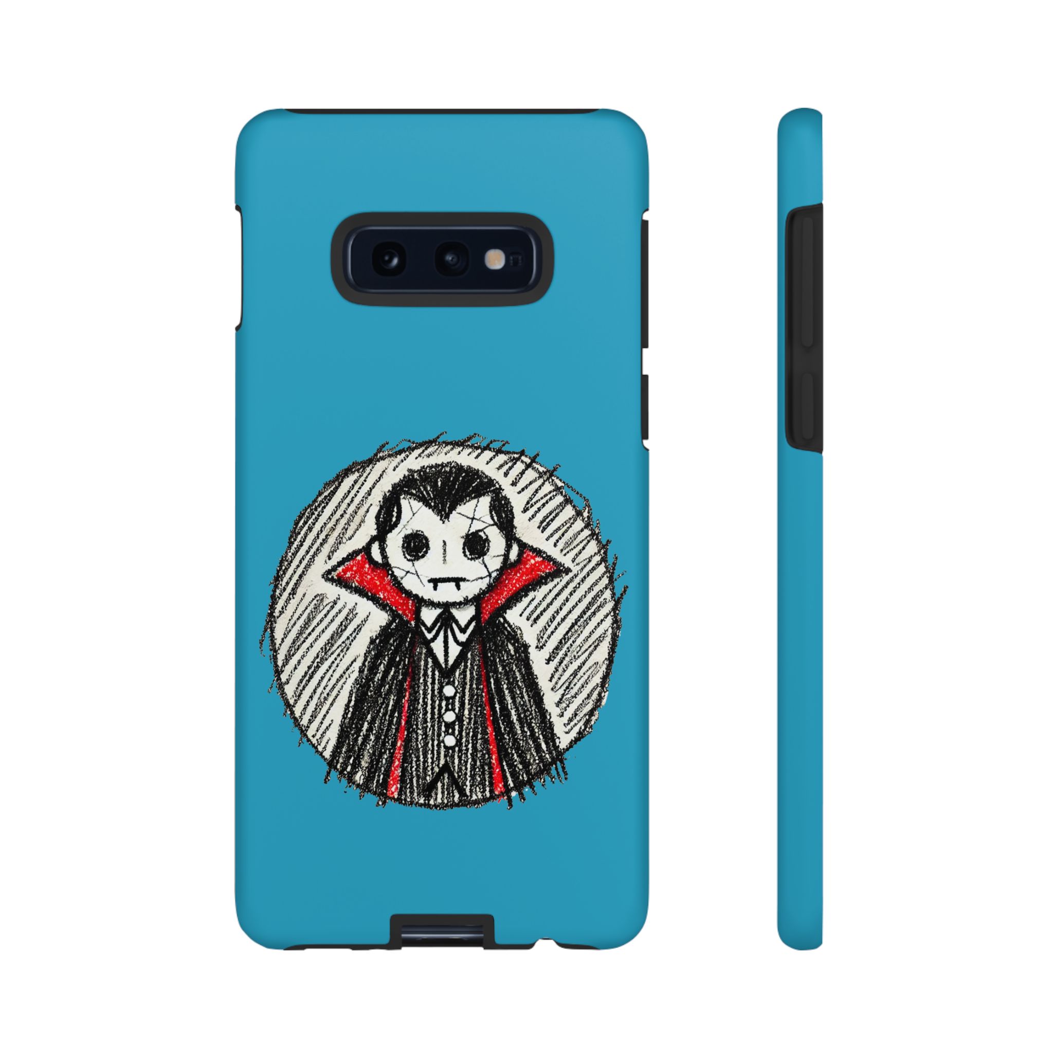 Phone case design featuring a vampire character with a red cape and a blue background.