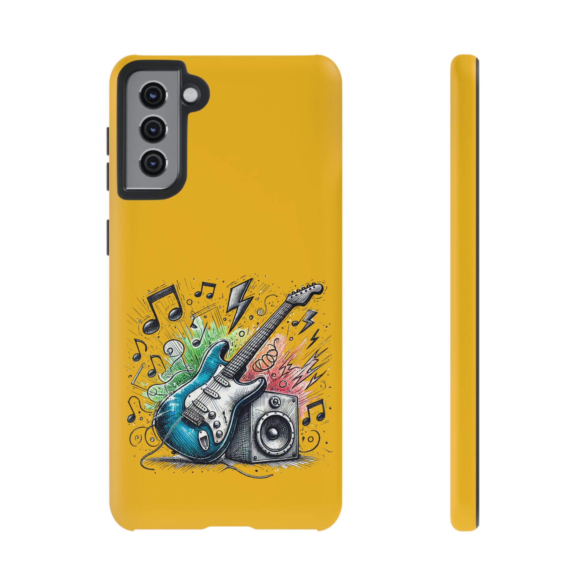 Yellow phone case featuring a colorful guitar and music notes design with a speaker.