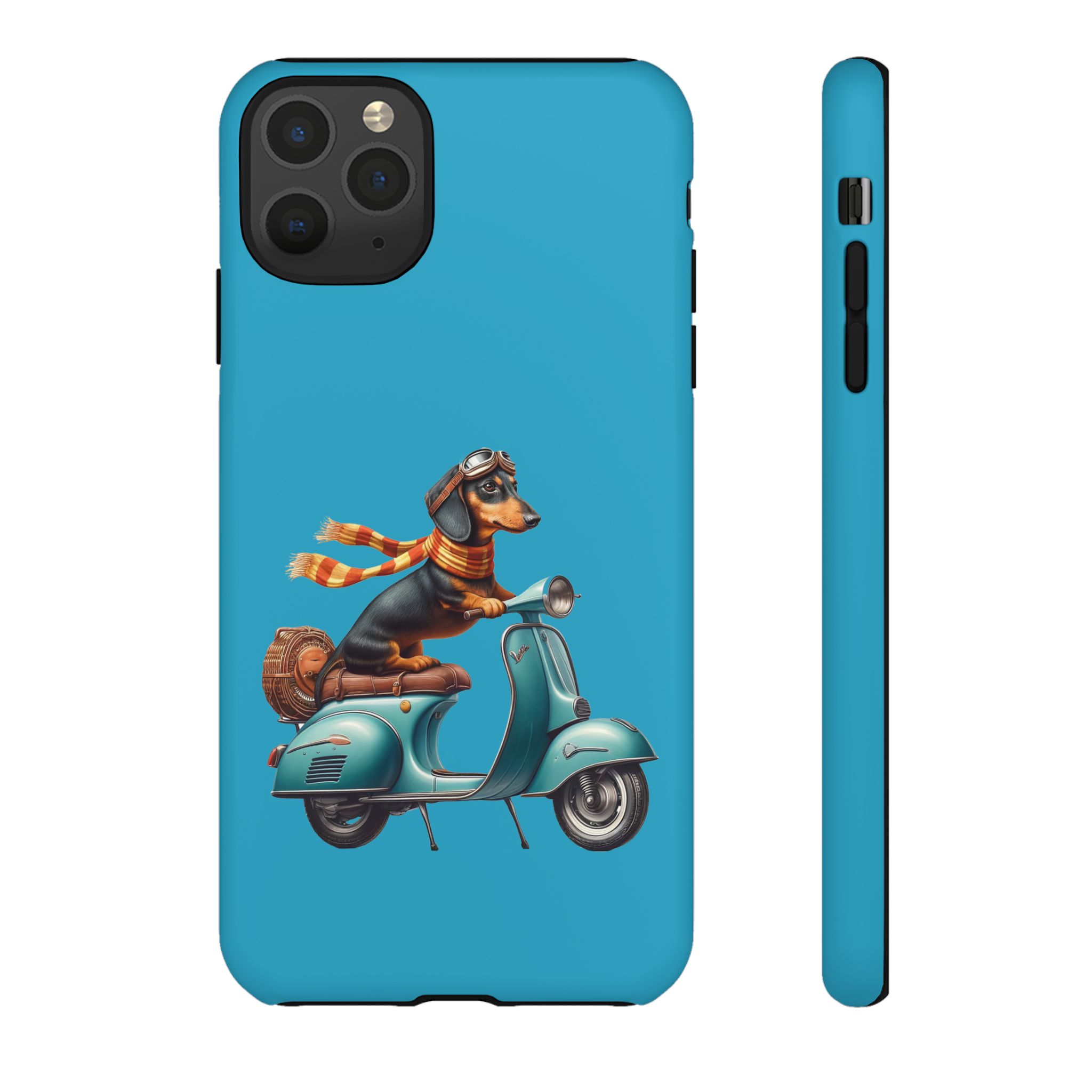 Dachshund wearing goggles and a scarf riding a vintage scooter in a blue phone case design.