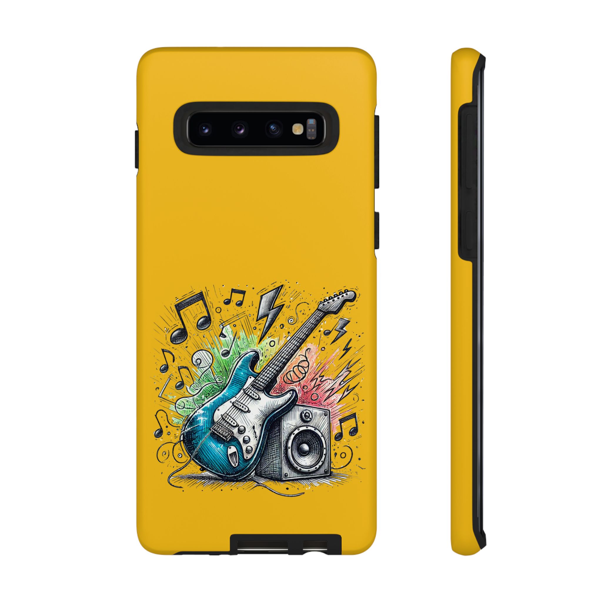 A yellow phone case featuring a blue electric guitar and a speaker with musical notes and vibrant colors.