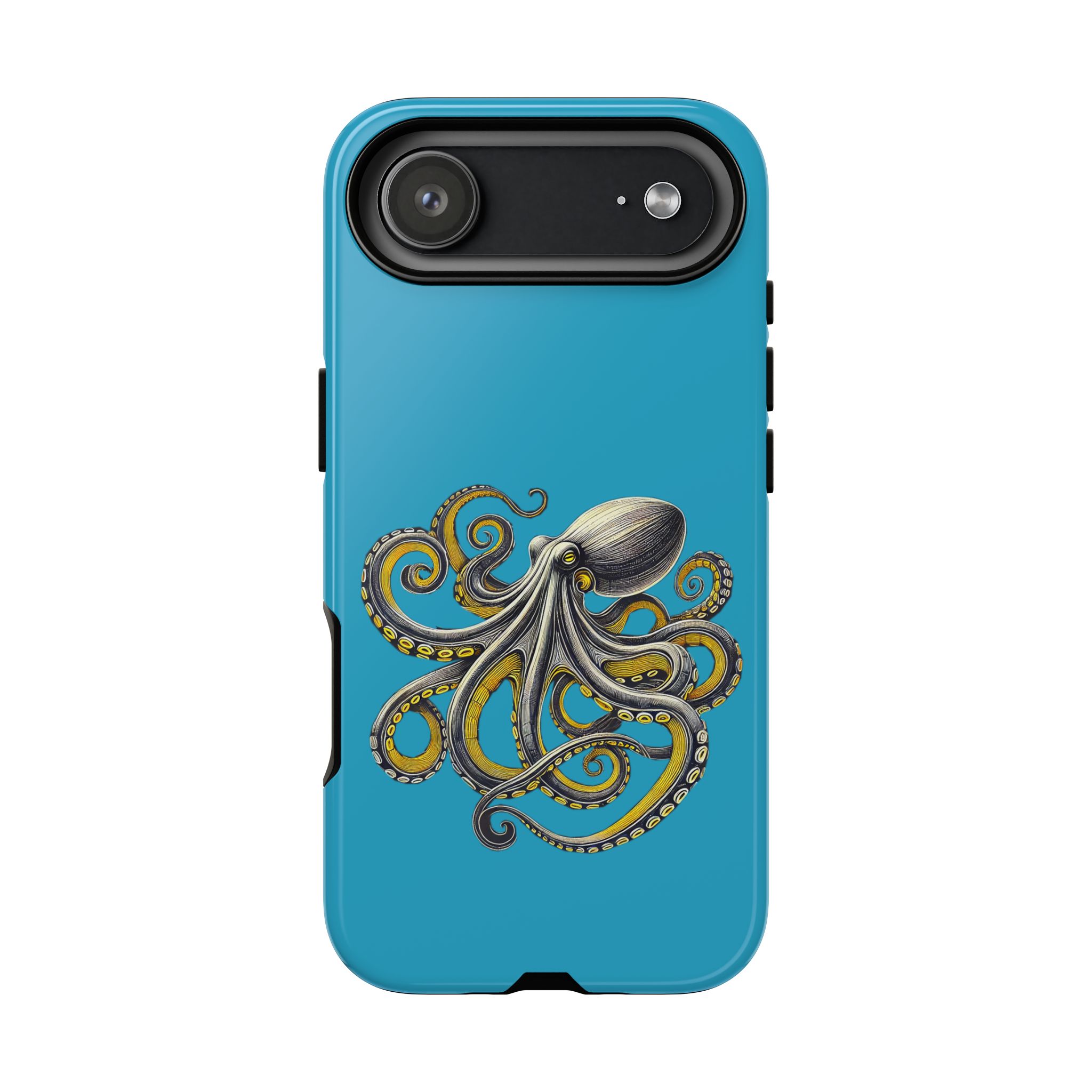 Phone case featuring an illustrated octopus design on a blue background.