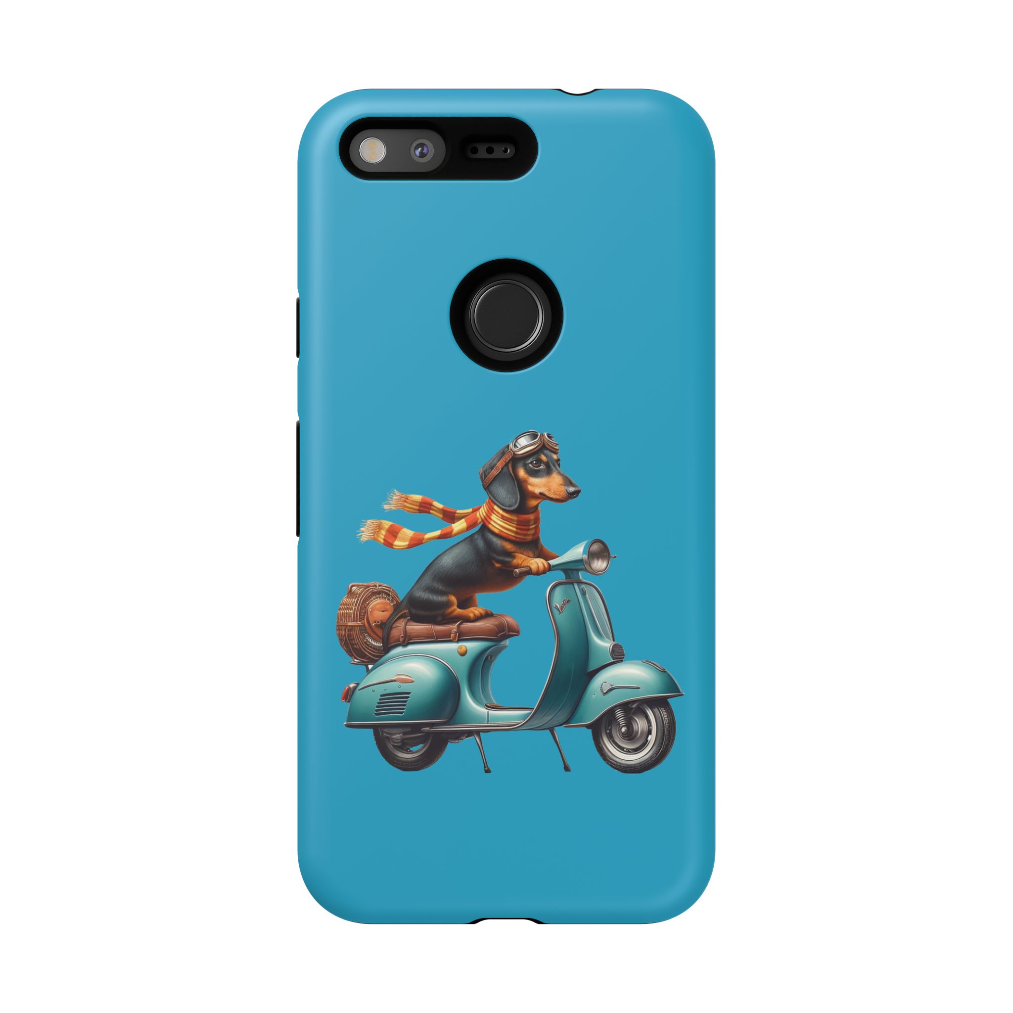 Dachshund wearing goggles and a scarf riding a vintage scooter on a blue phone case.