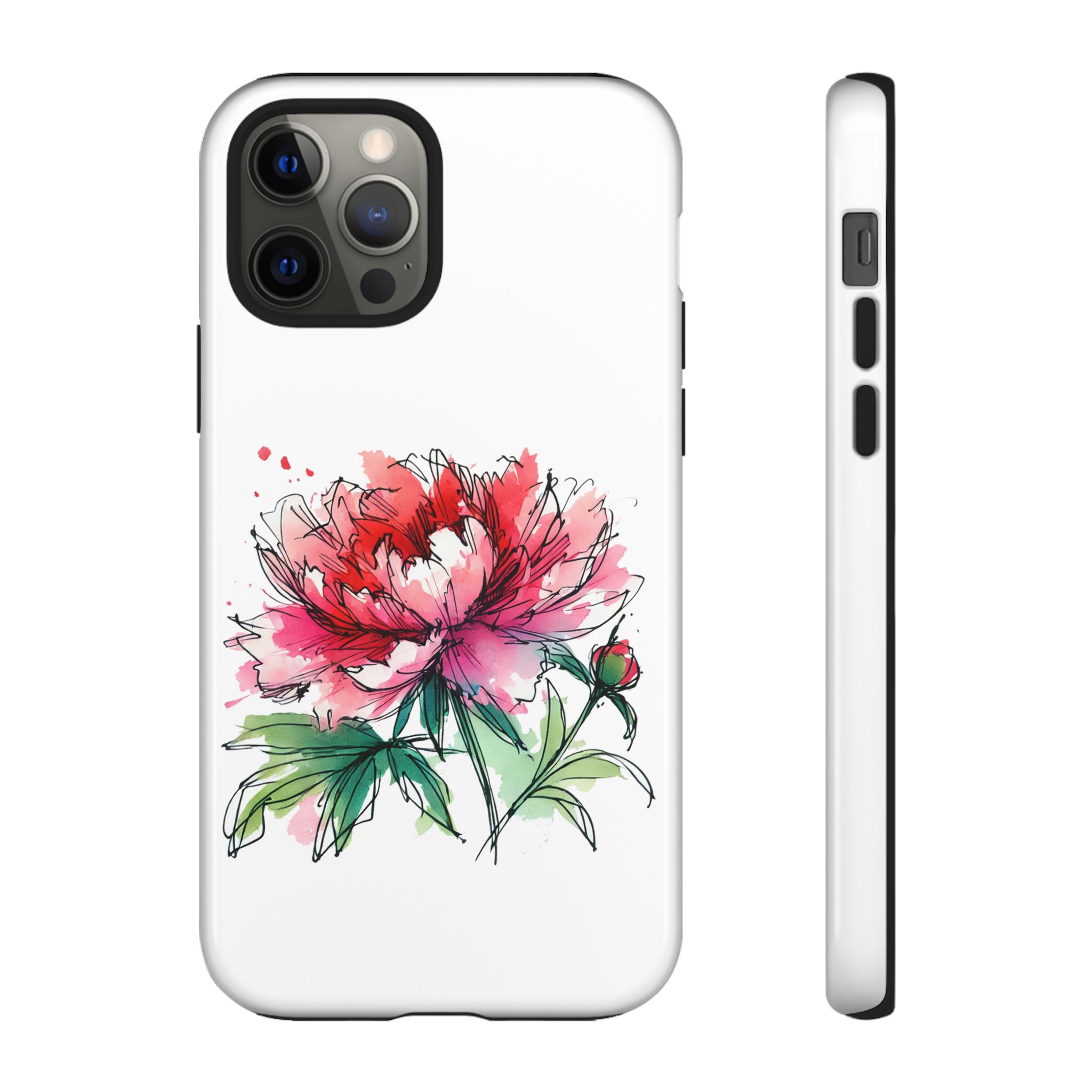 Phone case featuring a colorful illustration of a peony flower on a white background.