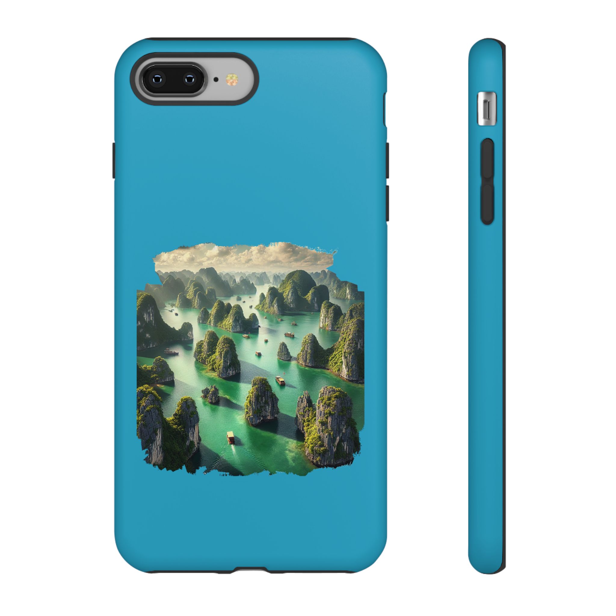 Blue phone case featuring a scenic landscape with islands and boats in a body of water.