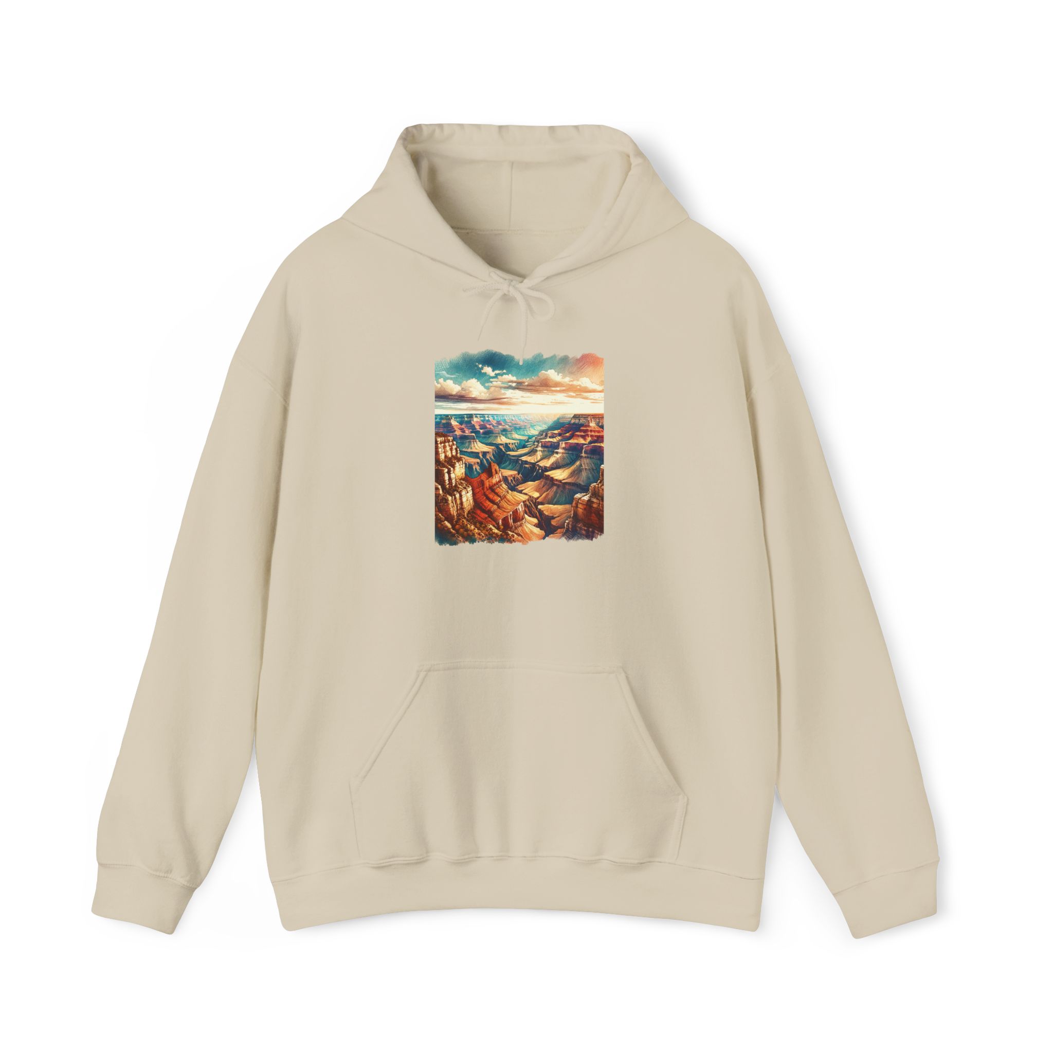 Beige hoodie featuring a graphic of the Grand Canyon landscape on the front.