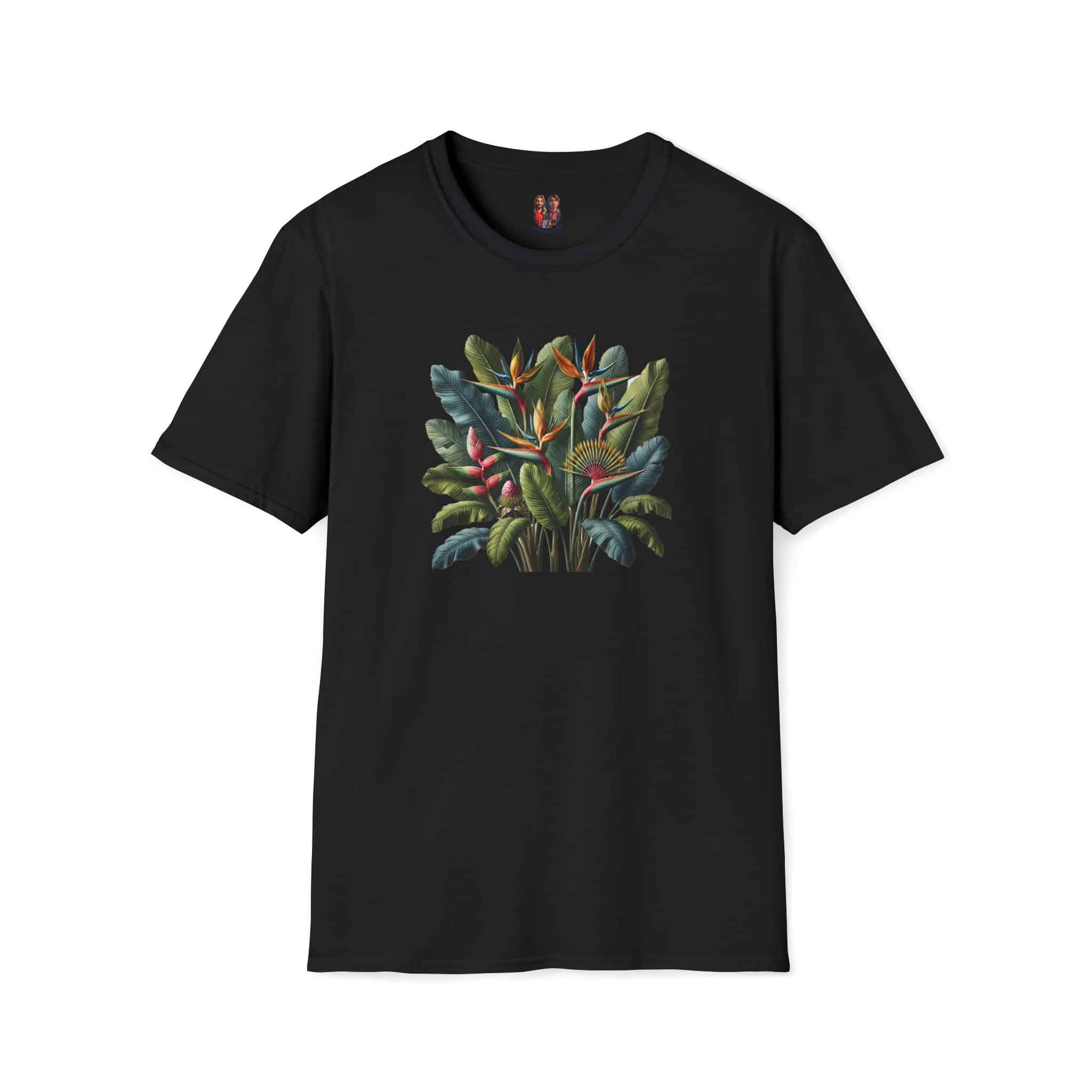 Black T-shirt featuring a colorful tropical plant design on the front.