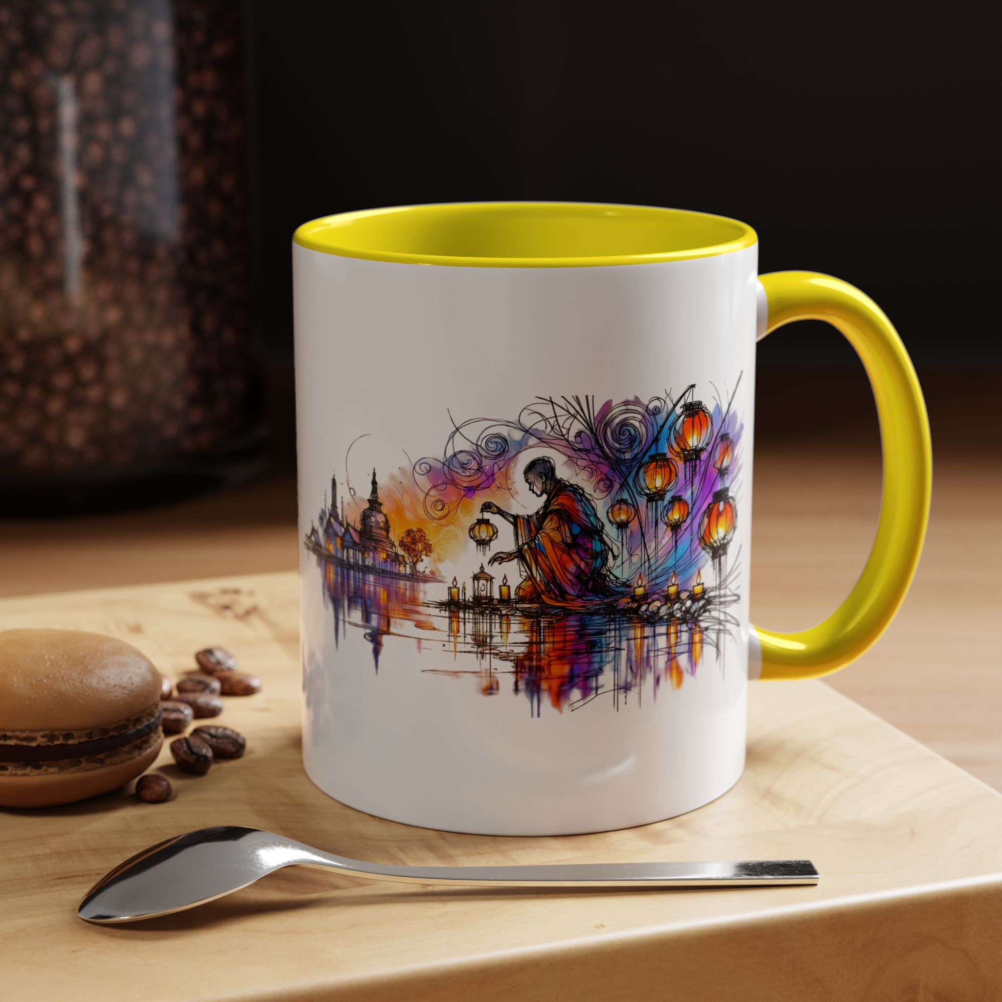 A white mug with a yellow handle featuring an artistic design of a figure by a river with colorful lanterns.