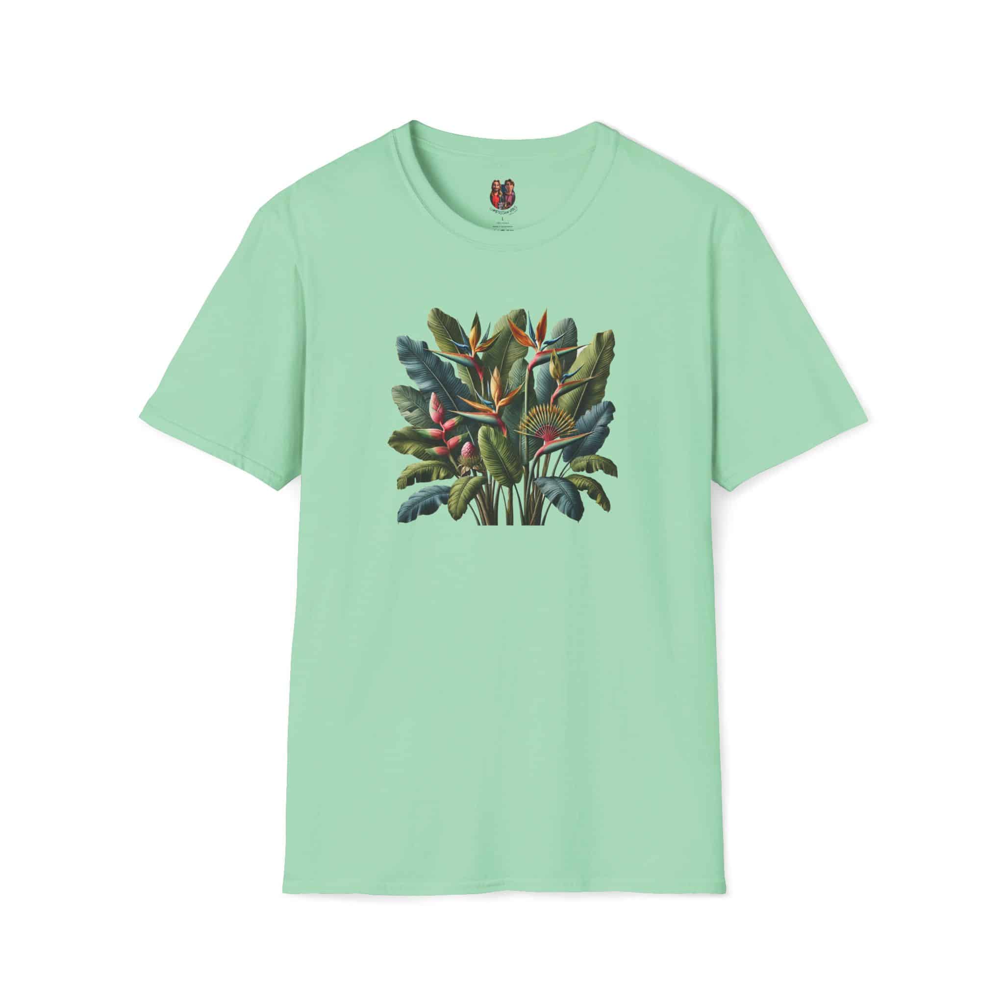 Mint green t-shirt featuring a botanical print with various leaves and flowers at the center.