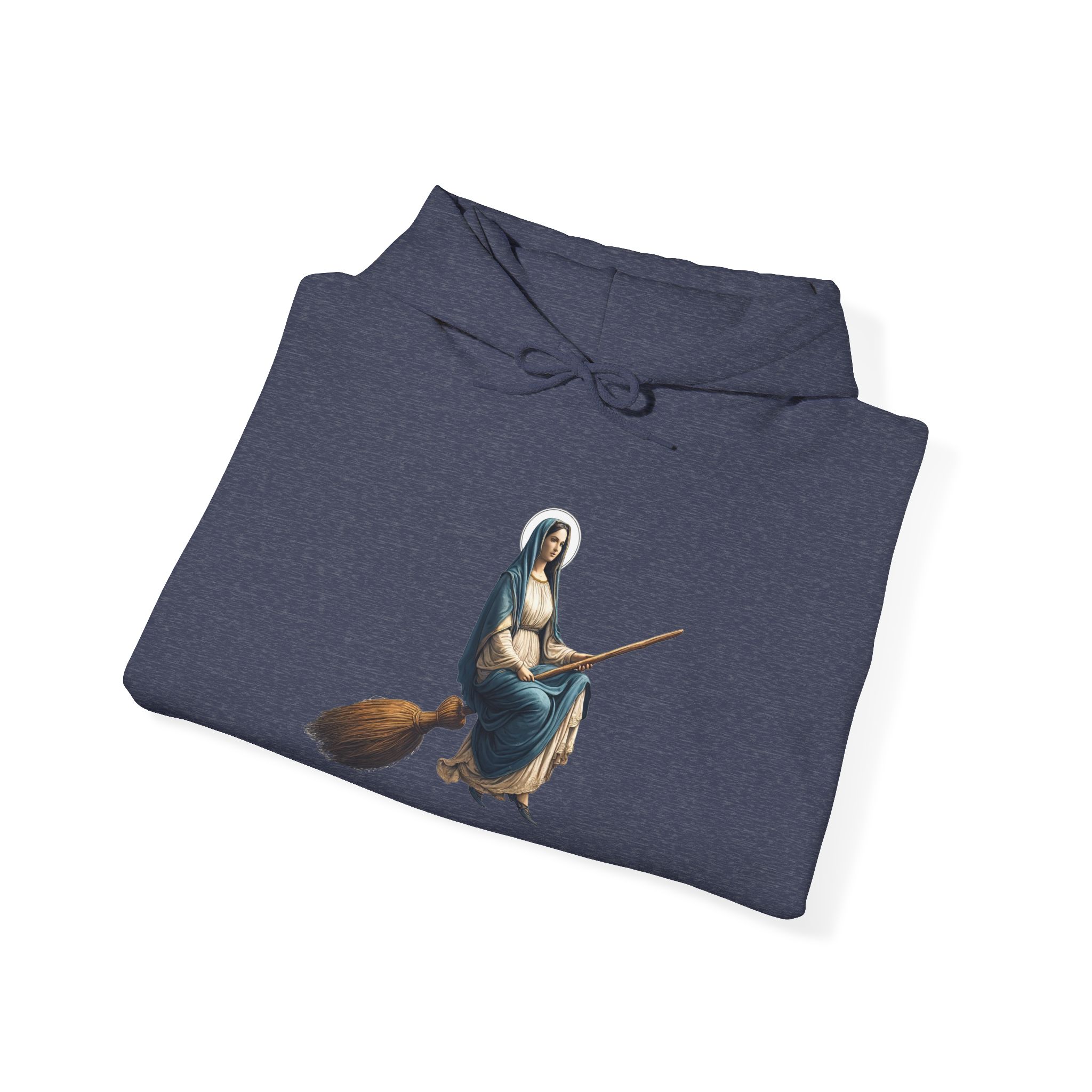 Hooded sweatshirt featuring an illustration of a witch sitting on a broomstick.