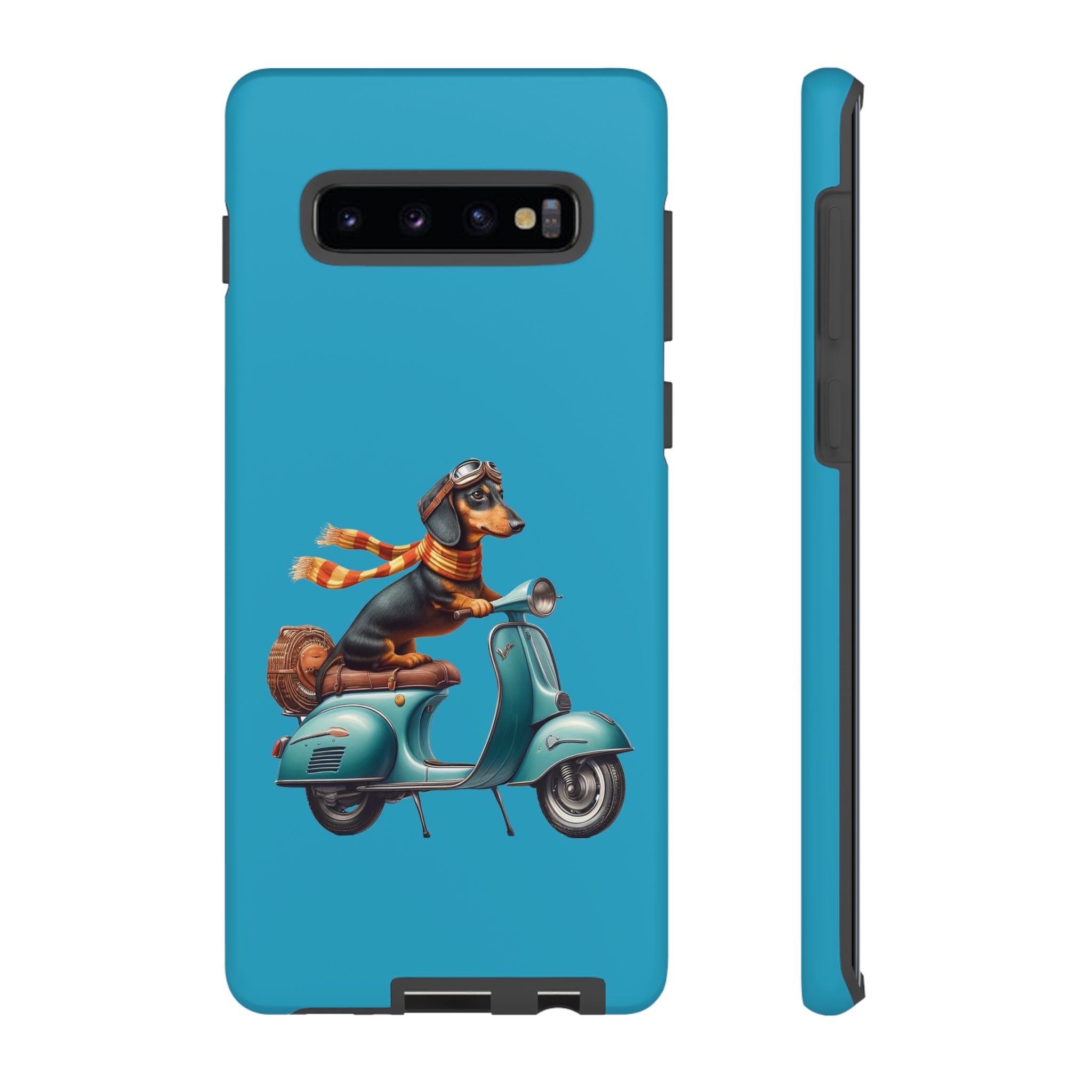 Dachshund wearing goggles and a scarf riding a vintage scooter on a blue background.