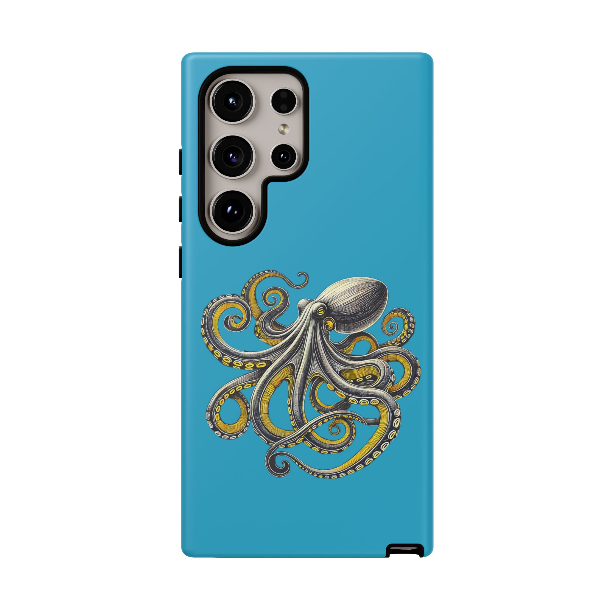 Phone case with a blue background featuring an octopus illustration with detailed tentacles.