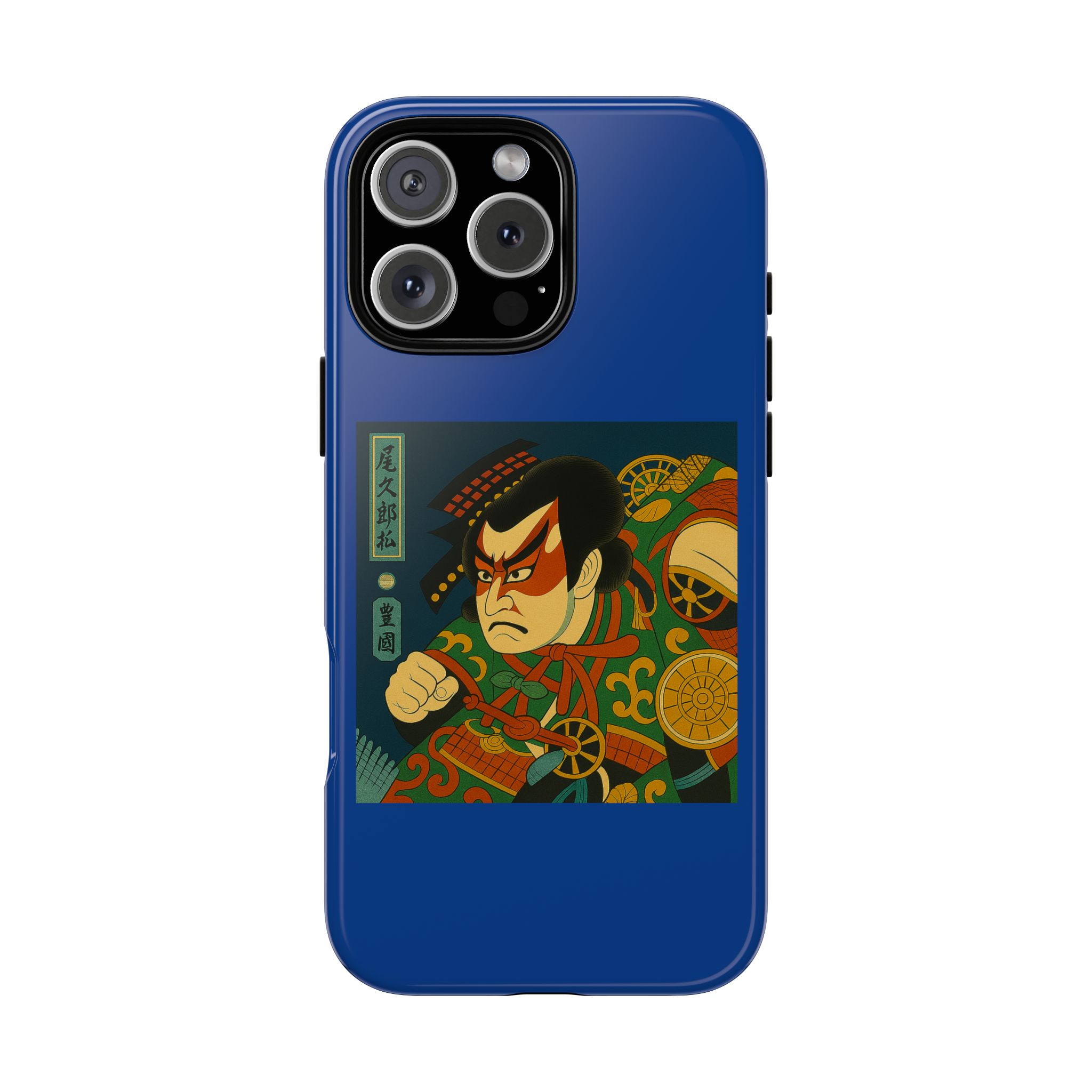 Blue phone case featuring traditional Japanese artwork of a character with a fierce expression and vibrant colors.
