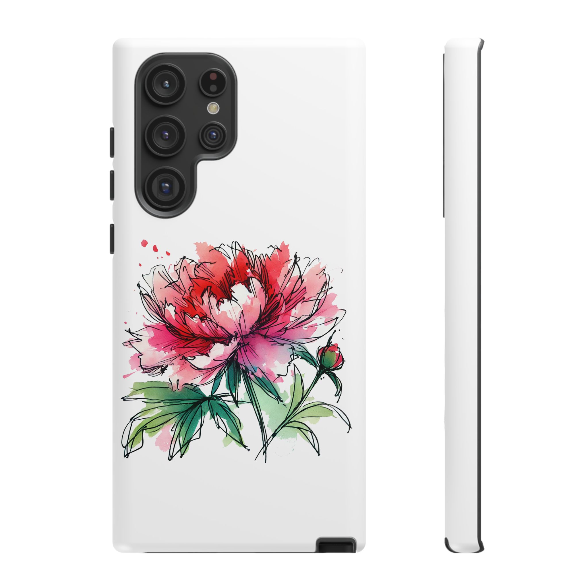Phone case design featuring a colorful peony illustration with green leaves on a white background.