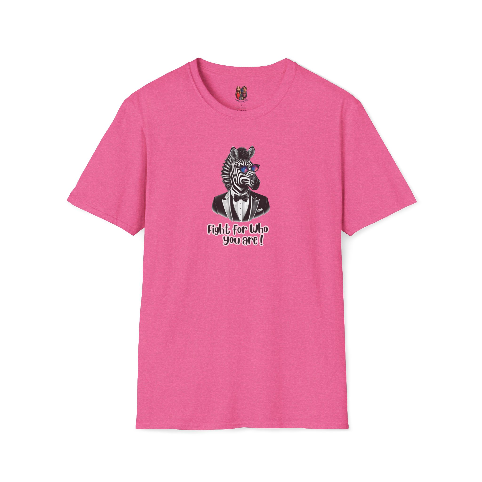 Pink t-shirt featuring a zebra wearing a suit and the text 'Fight for who you are'.