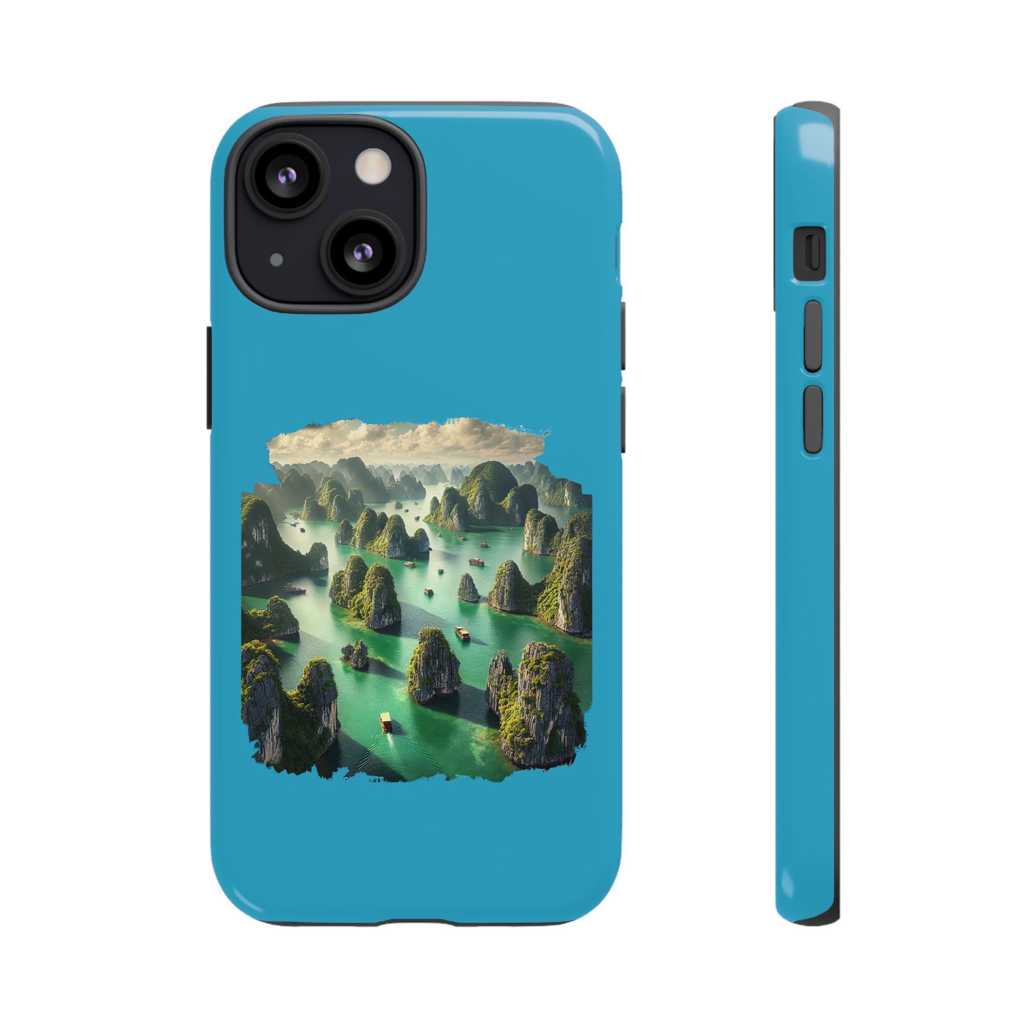 Blue phone case featuring a landscape design with green islands and water.