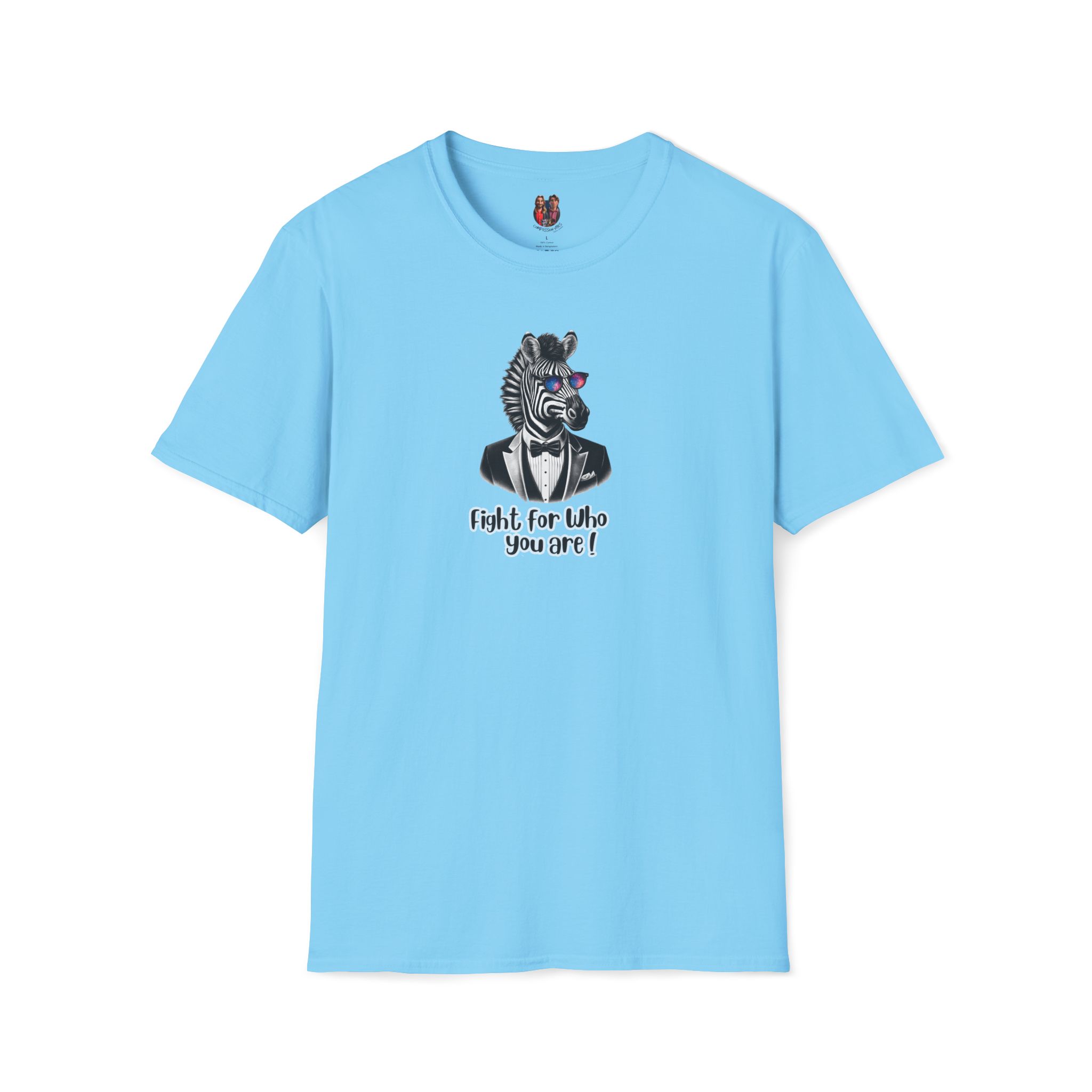 Light blue t-shirt featuring a zebra wearing glasses and the text 'Fight for Who you are!'