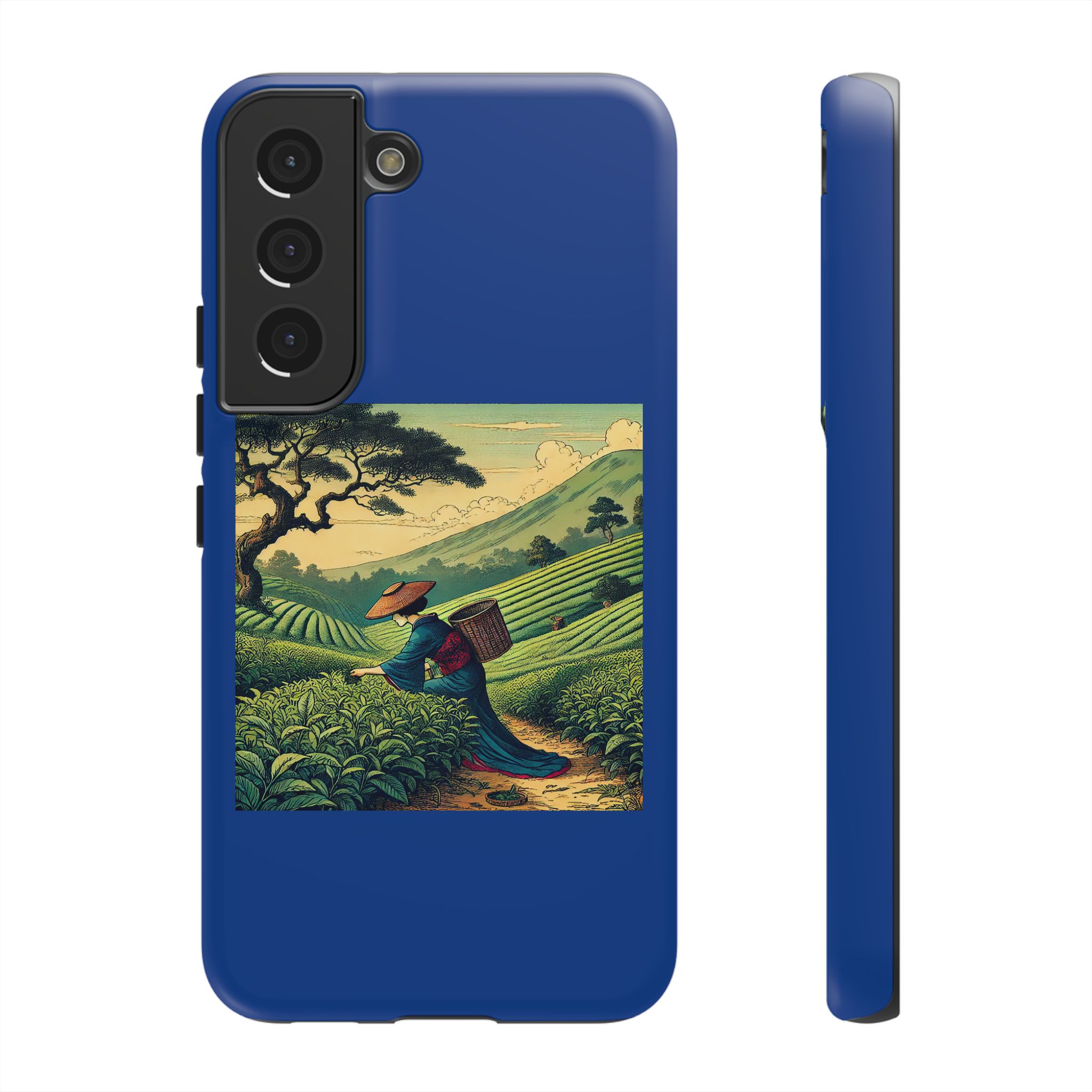 Blue phone case featuring an artwork of a farmer carrying a basket in a tea plantation.