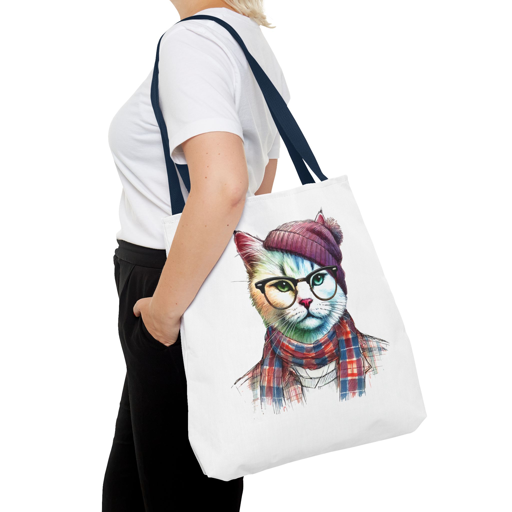 Cat hipster canvas tote bag pet lovers funny cute tote bag Hipster design handbag kitten design – Image 30