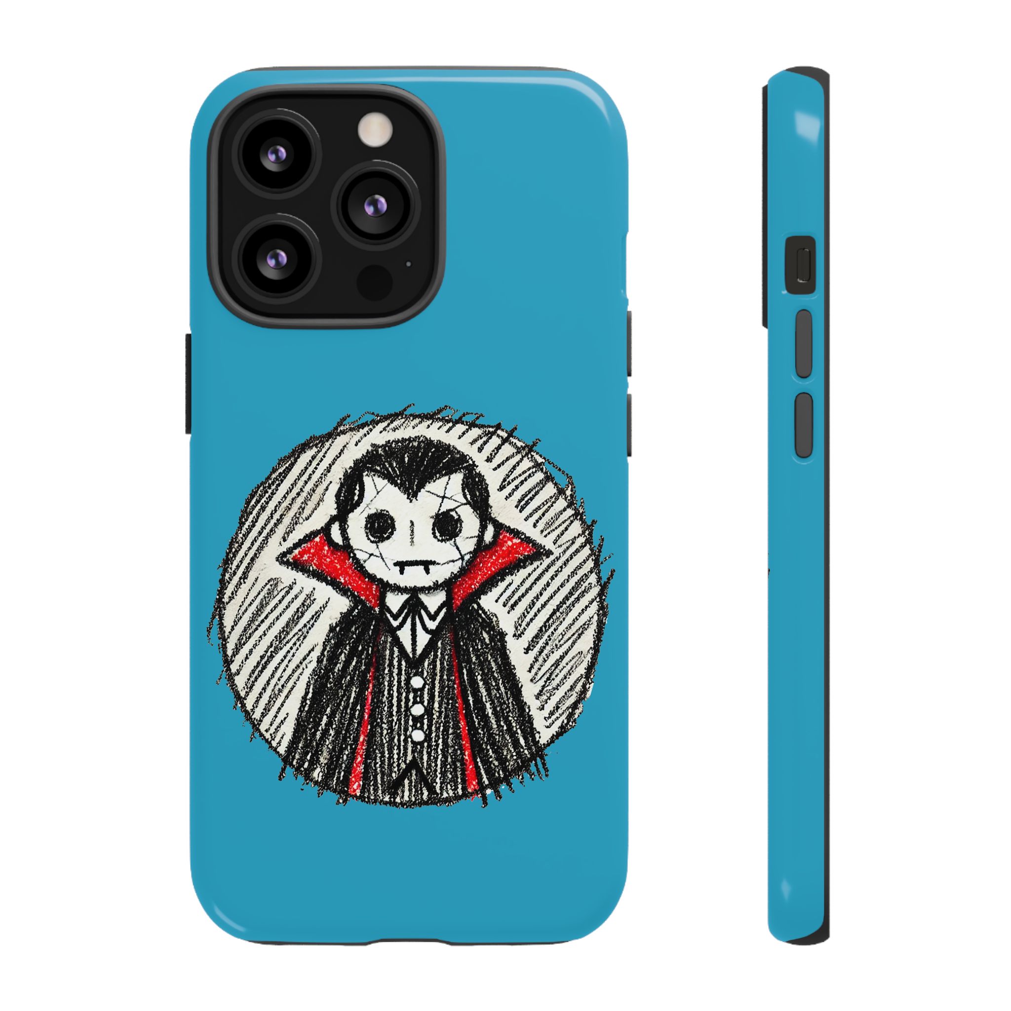 Phone case featuring a sketch of a vampire with a blue background and red cape.